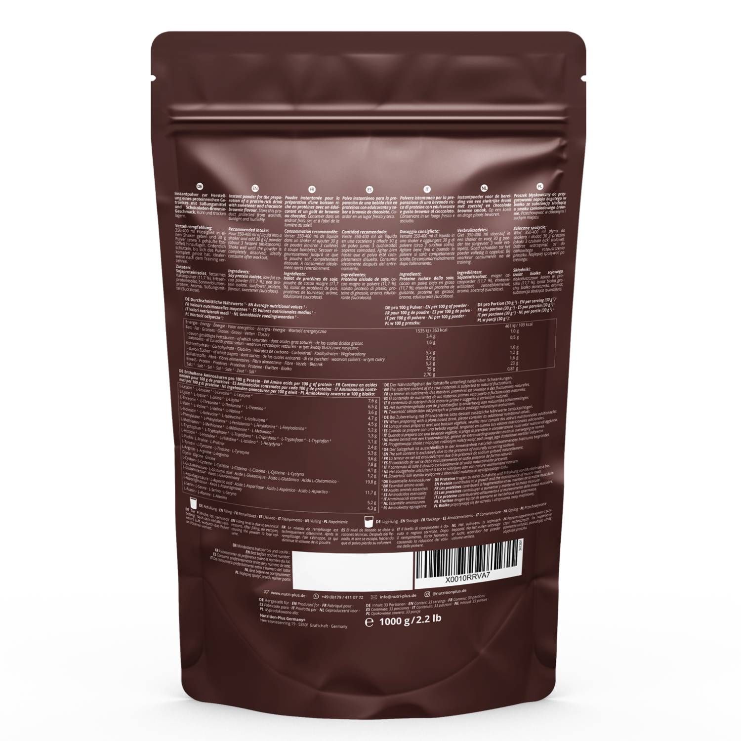 Achterkant van een bruine zak Vegan 3k Protein. Tekst: voedingswaarde, ingrediënten, fabrikantinfo, barcode. Gewicht: 1000 g / 2.2 lb.