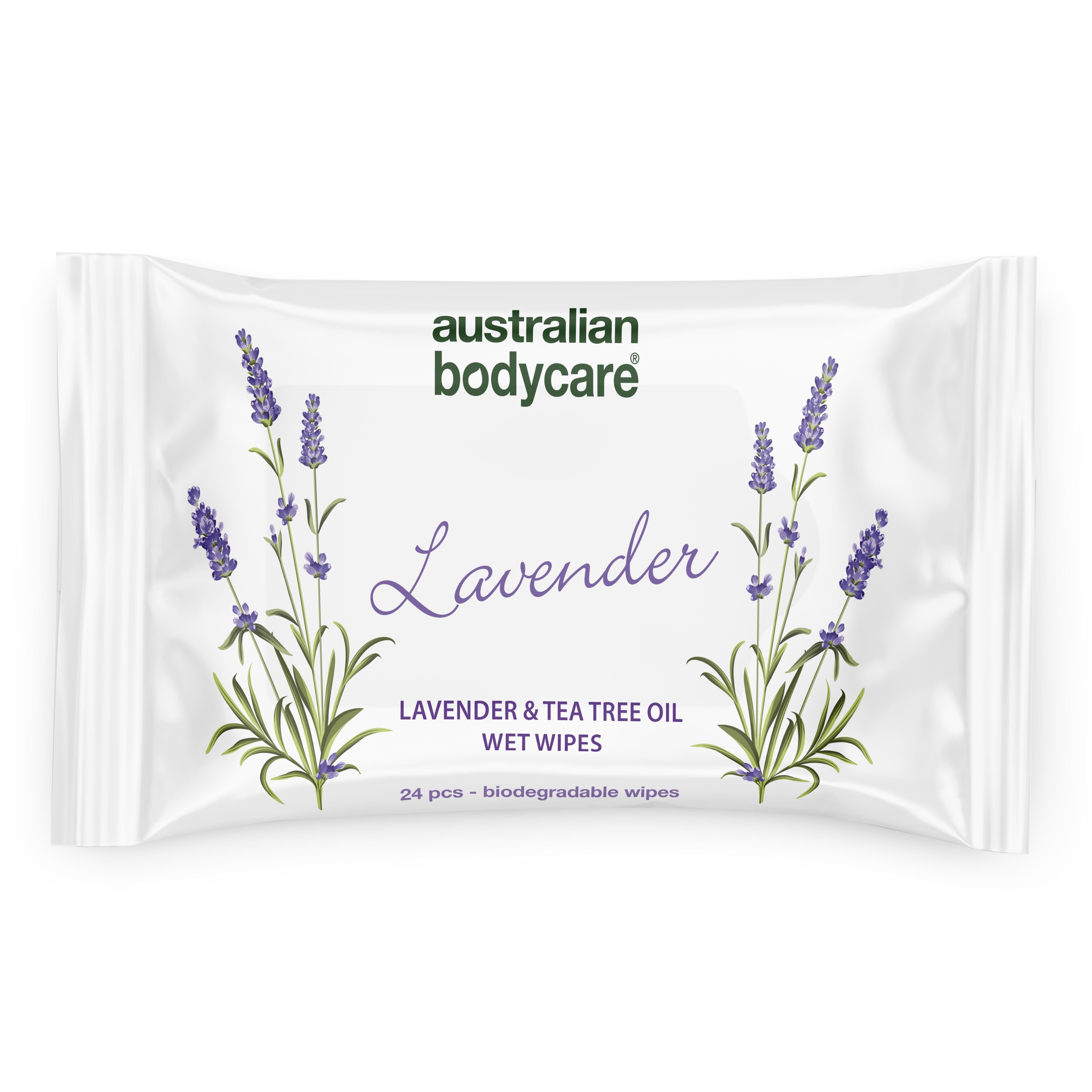 Emballage blanc avec illustrations de lavande. Texte: Australian Bodycare, Lavender, Wet Wipes.