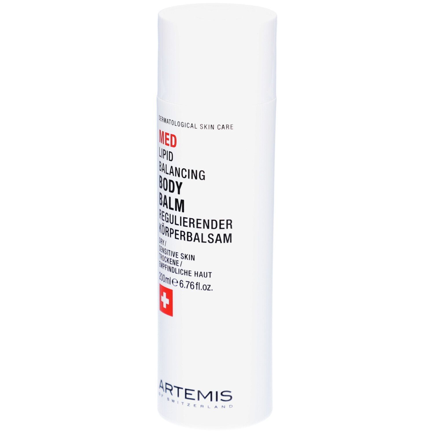 Witte fles met rode en zwarte tekst. MED Lipid Balancing Body Balm. Zwitsers kruis. 200ml.