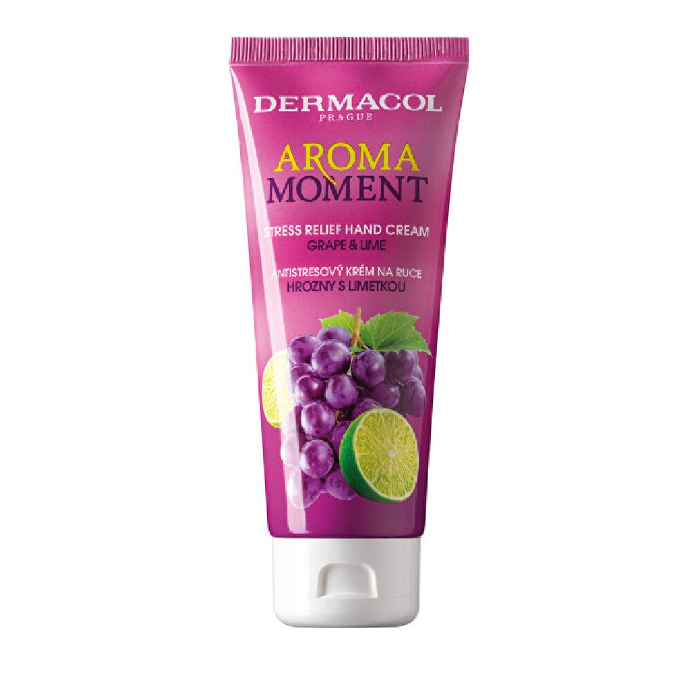 Roze tube handcrème. Dermacol Aroma Moment. Druif-limoen motief. Tekst: Stress Relief Hand Cream. Afbeelding van druiven en limoen.