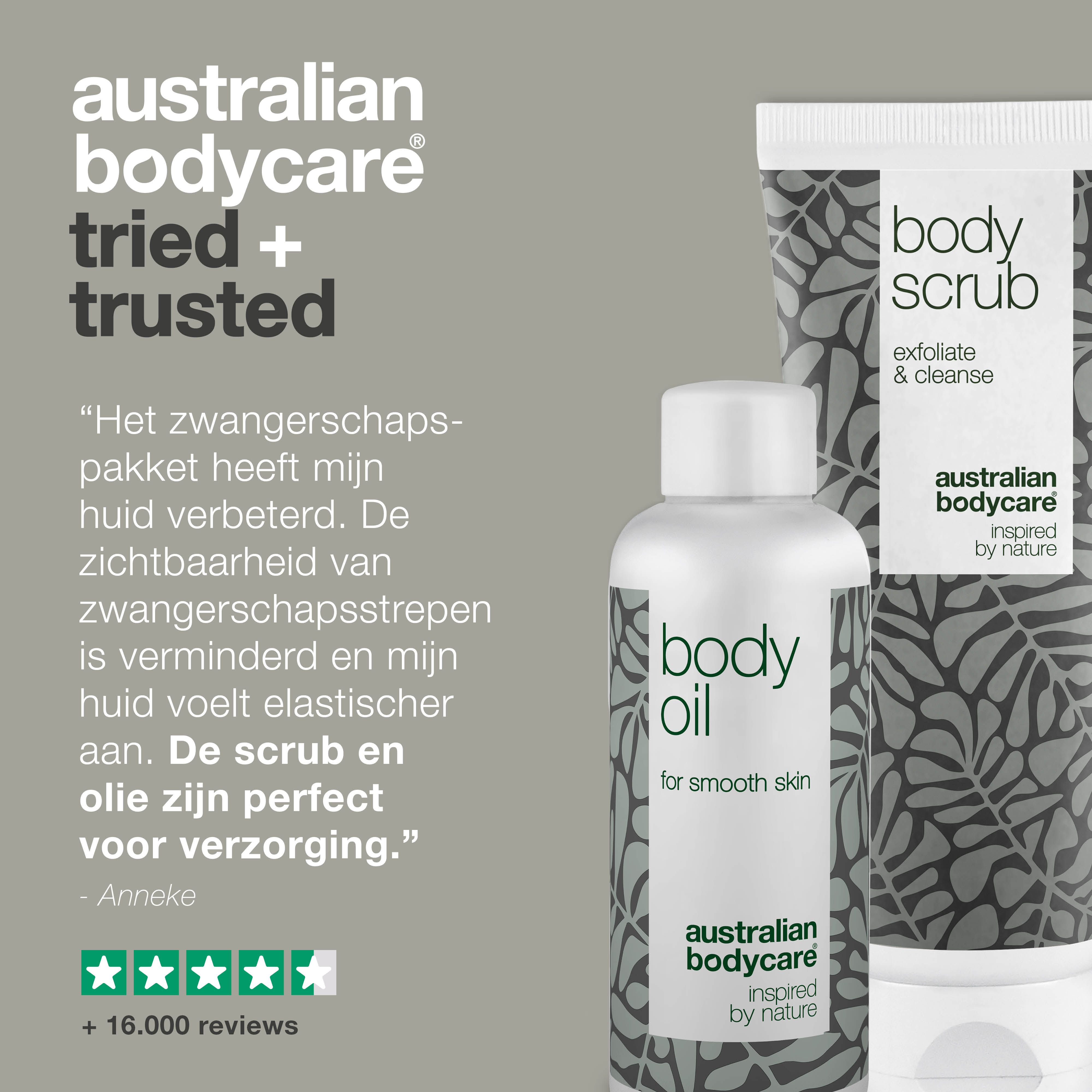 Probleem opgelost. Producten en voordelen. Opschrift: Body Scrub, Body Oil, Australian Bodycare.