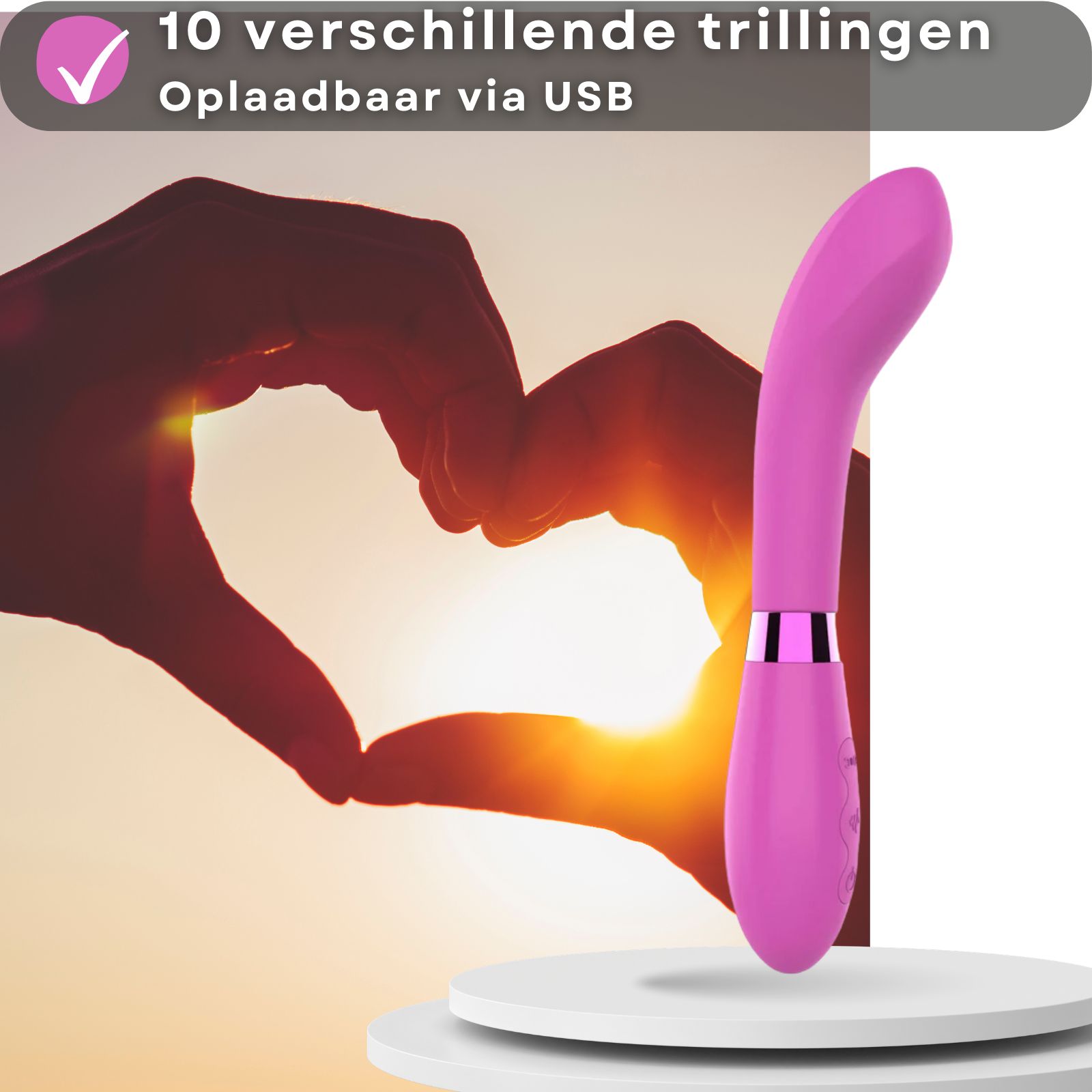 Vibrateur rose. Mains formant un cœur. Texte: 10 vibrations, USB.