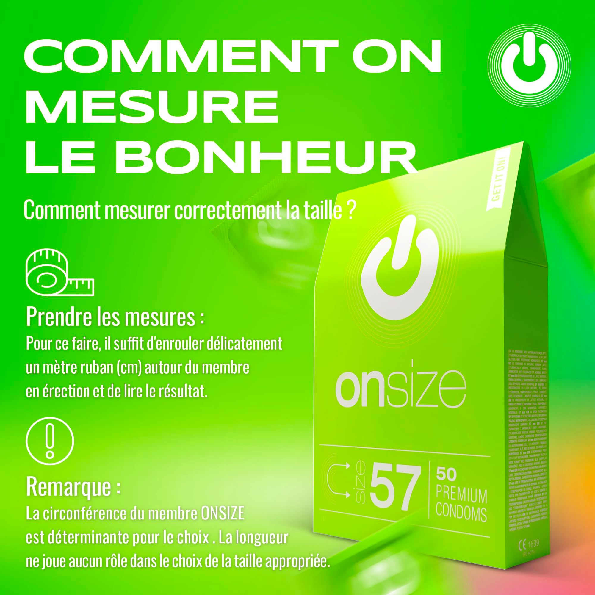 Boîte verte de préservatifs ONsize avec préservatifs emballés individuellement.