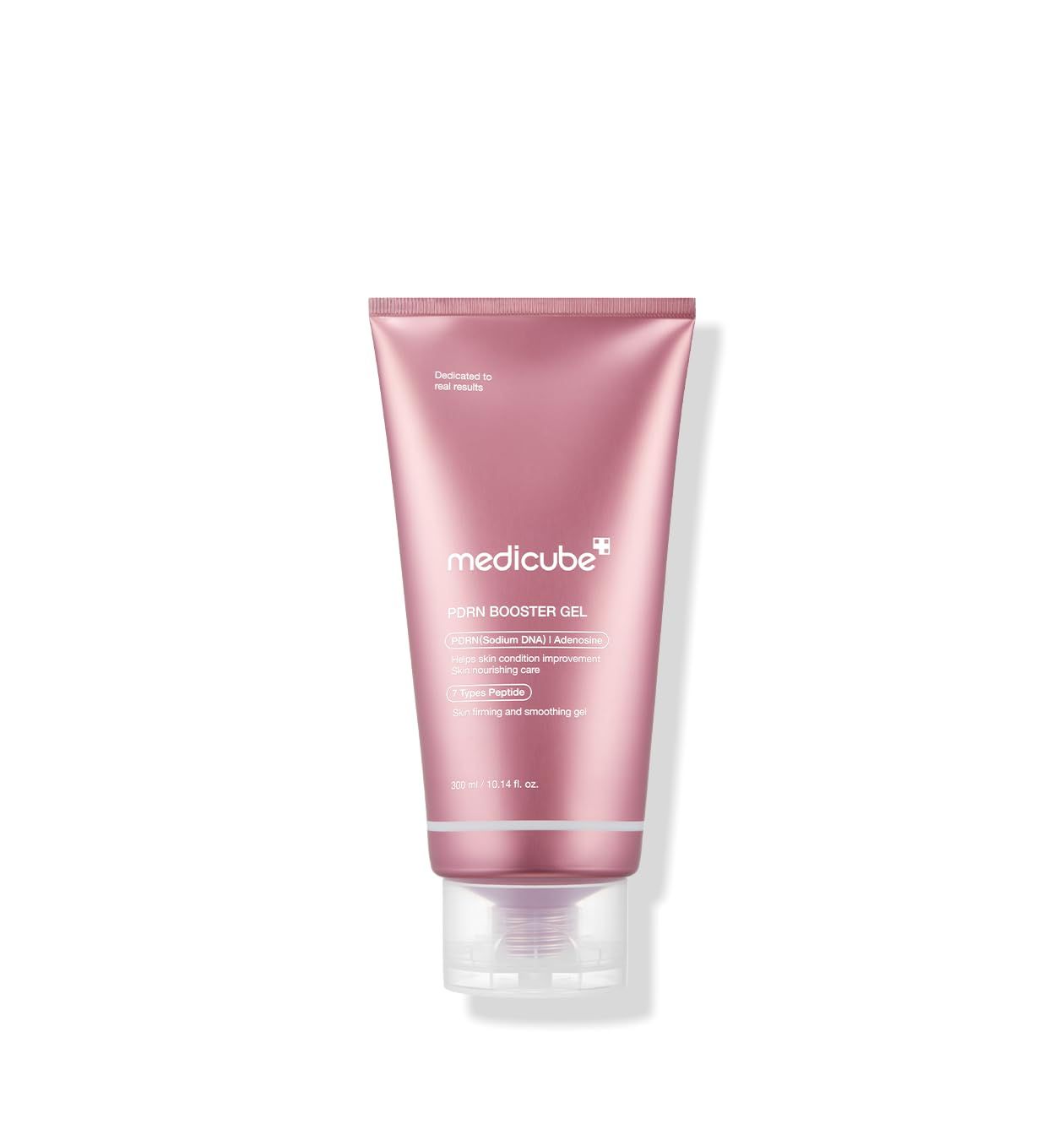 Roze tube met MEDICUBE PDRN Booster Gel. Bevat tekst en productinformatie. Transparant uiteinde.