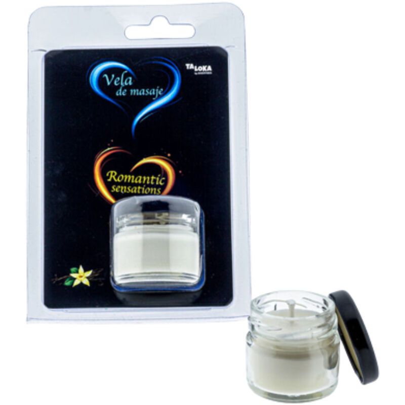 Bougie de massage en pot de verre avec couvercle. Emballage noir avec texte : Vela de masaje, Romantic sensations. Marque : Taloka.