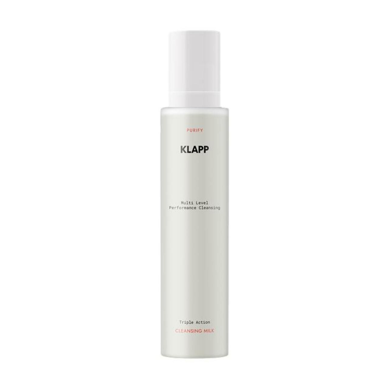 Klapp Multi Level Performance Cleansing Milk. Witte fles met witte dop. Bevat PURIFY, KLAPP, CLEANSING MILK.