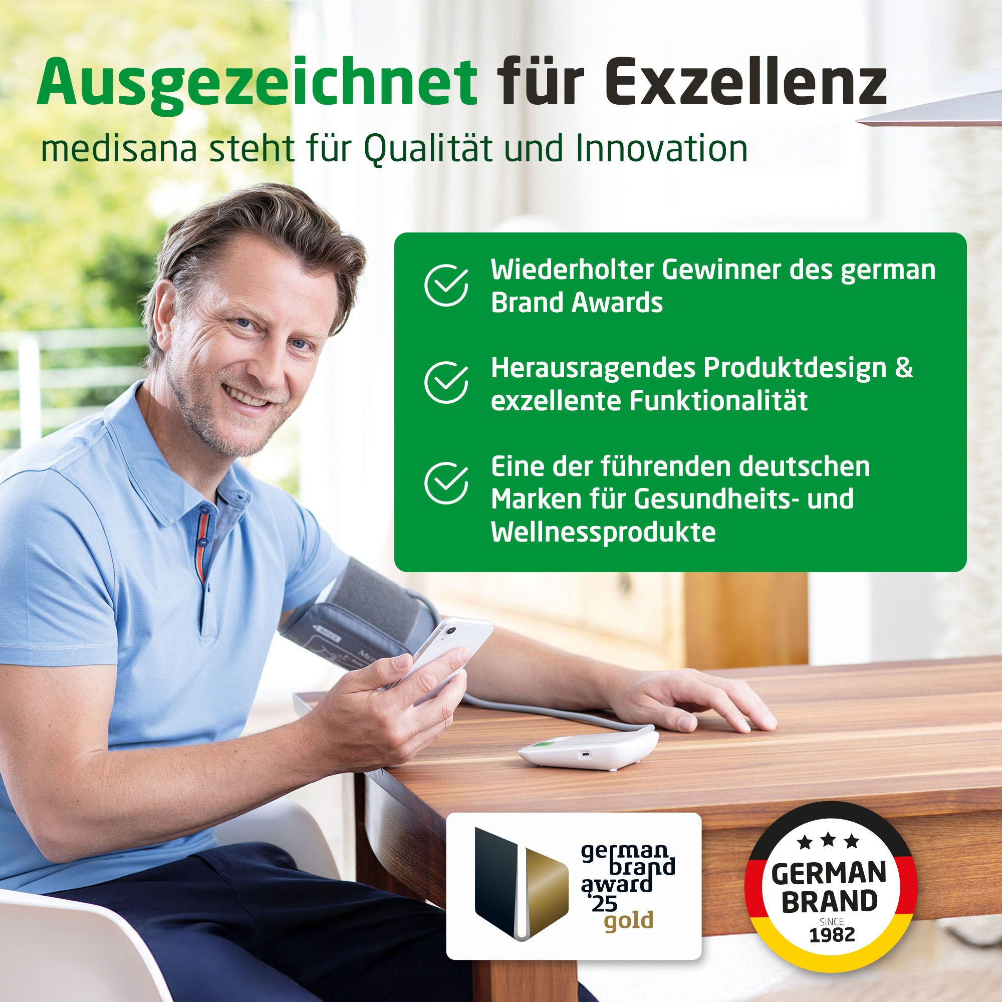 Homme avec tensiomètre. Texte : 'Excellent pour l'excellence'. Logo : German Brand Award.