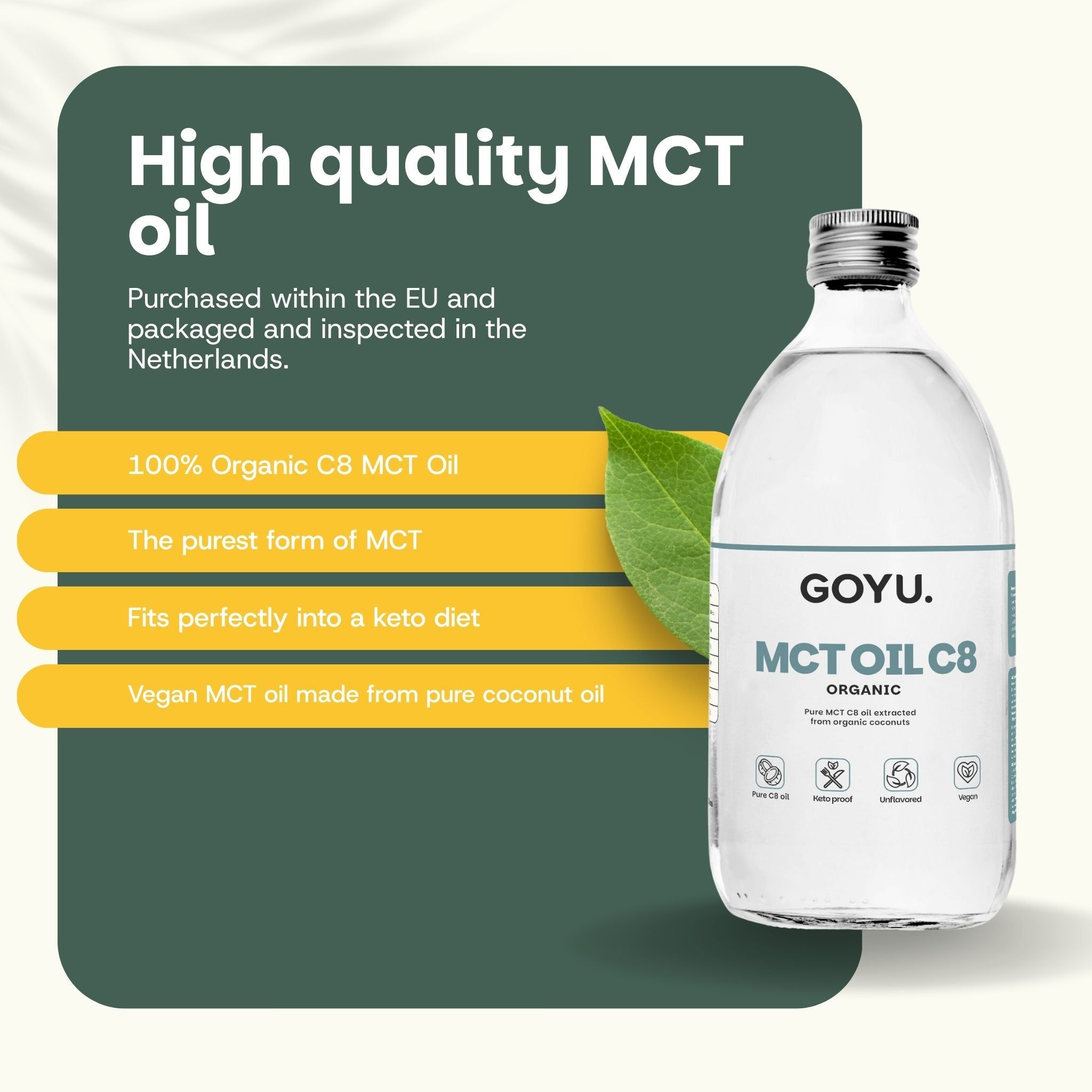 GOYU MCT Oil C8. Bouteille en verre. Texte : 100% Bio-C8-MCT-huile, forme la plus pure de MCT, régime céto.