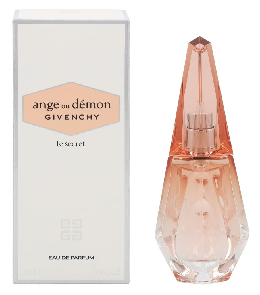 Flacon de parfum et emballage. Flacon: facetté, dégradé rose. Emballage: blanc, inscription: Ange ou Démon, Givenchy, Le Secret.