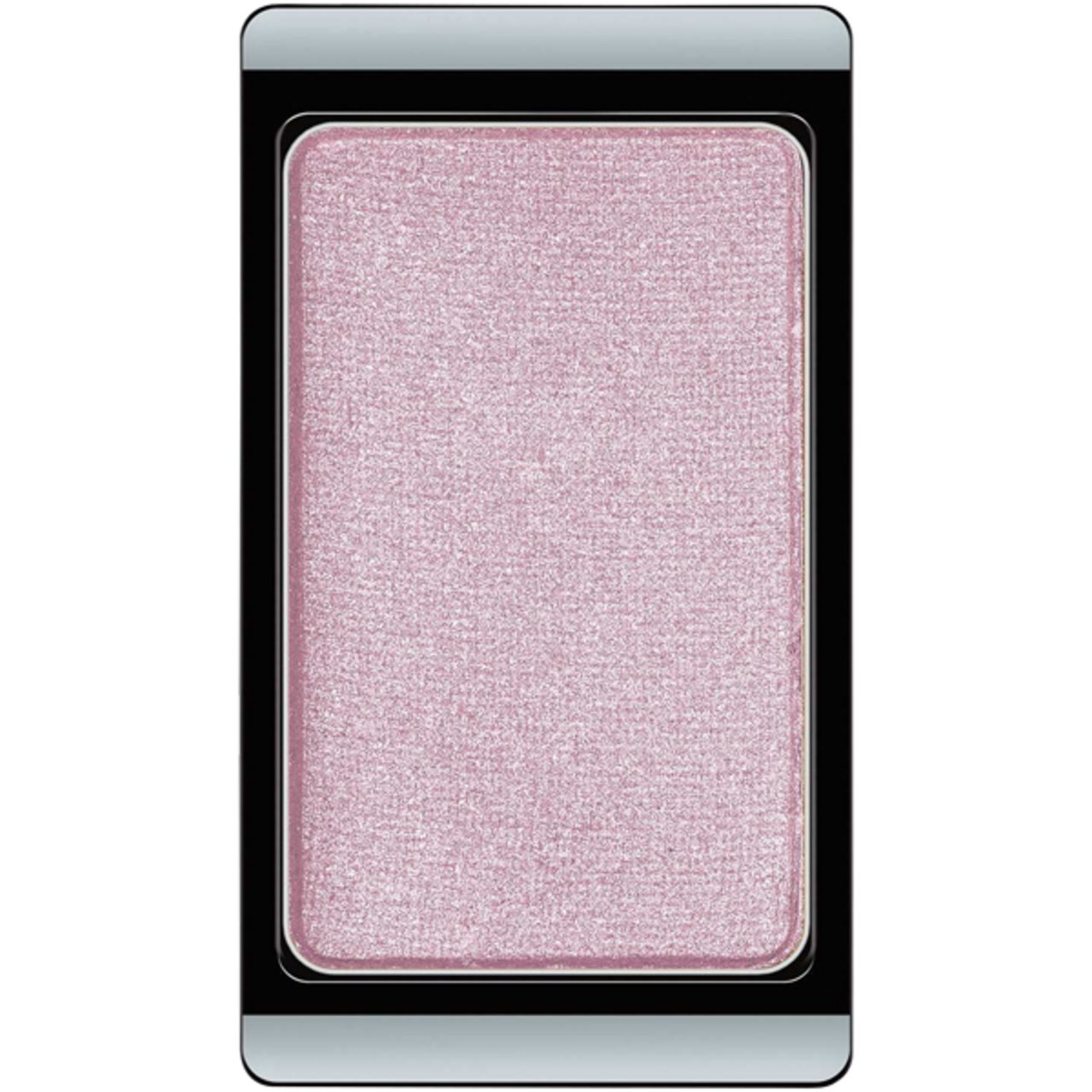 Artdeco oogschaduw. Rechthoekige vorm, roze tint, in zwarte lijst met zilveren rand.
