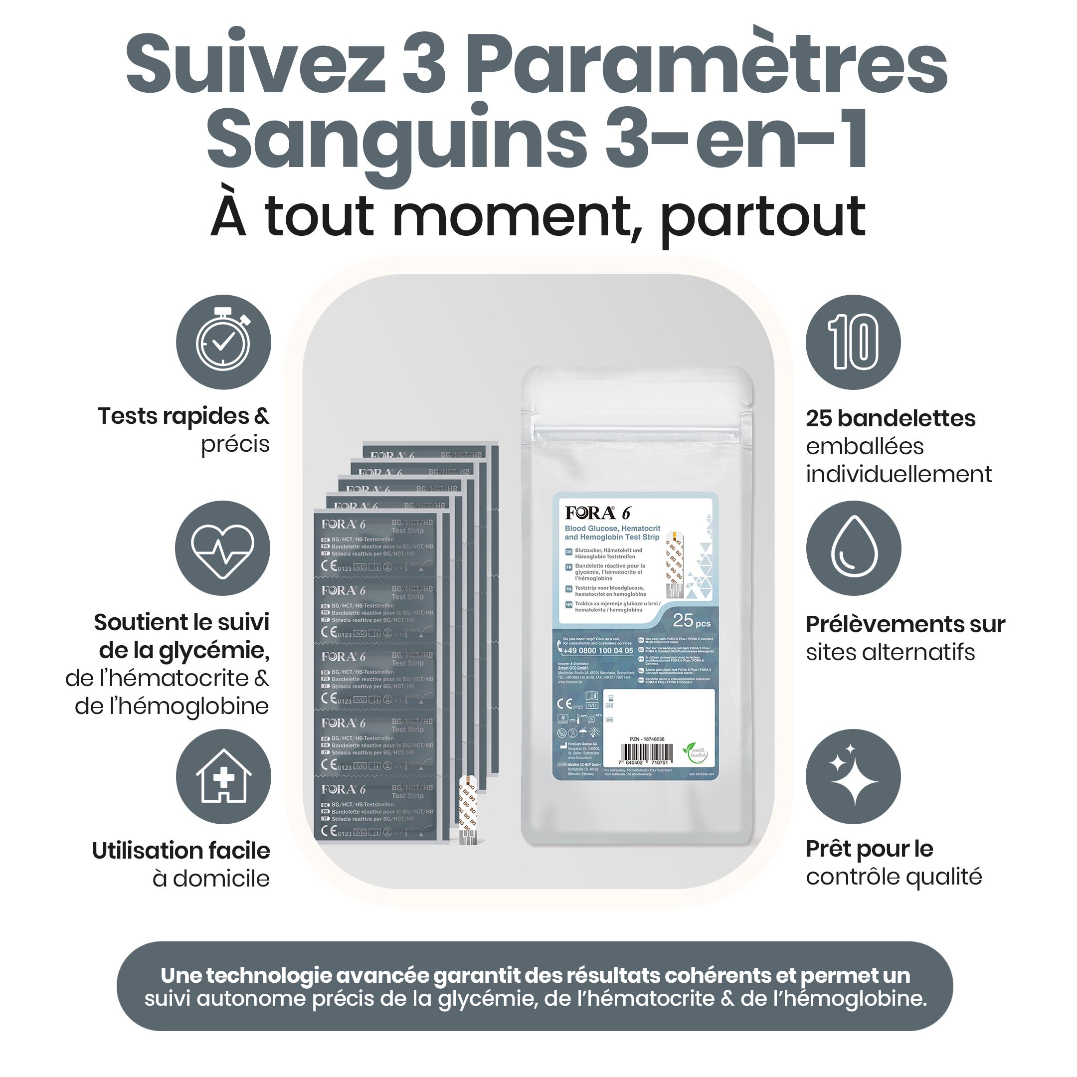 Productafbeelding met tekst en pictogrammen. FORA 6 teststrips, 25 individueel verpakte strips. CE-markering.
