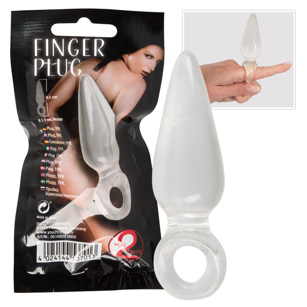Plug pour doigt transparent en TPR flexible, 9,5 cm de long, 2,7 cm de diamètre.
