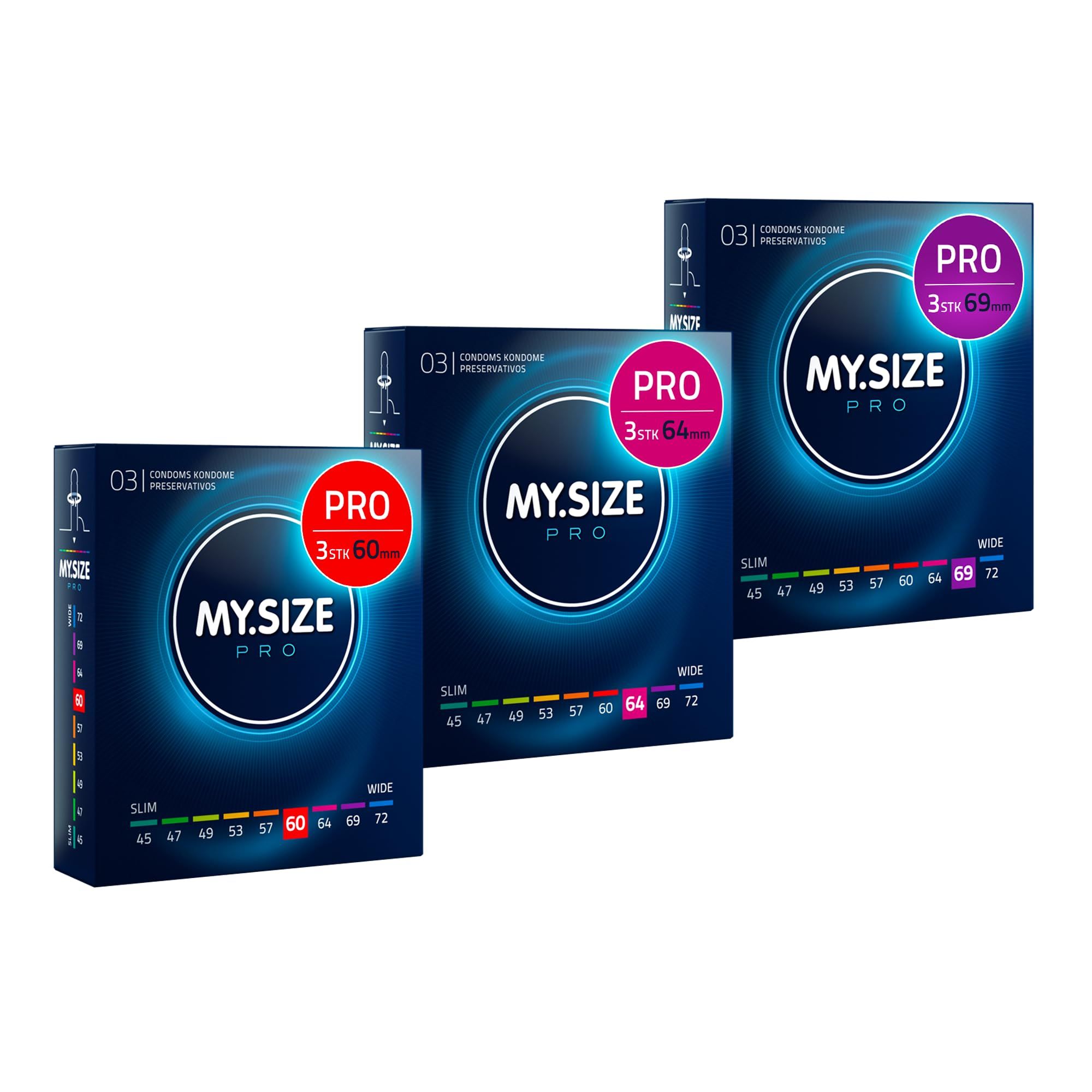 Drie dozen My.Size Pro condooms in de maten 60mm, 64mm en 69mm.