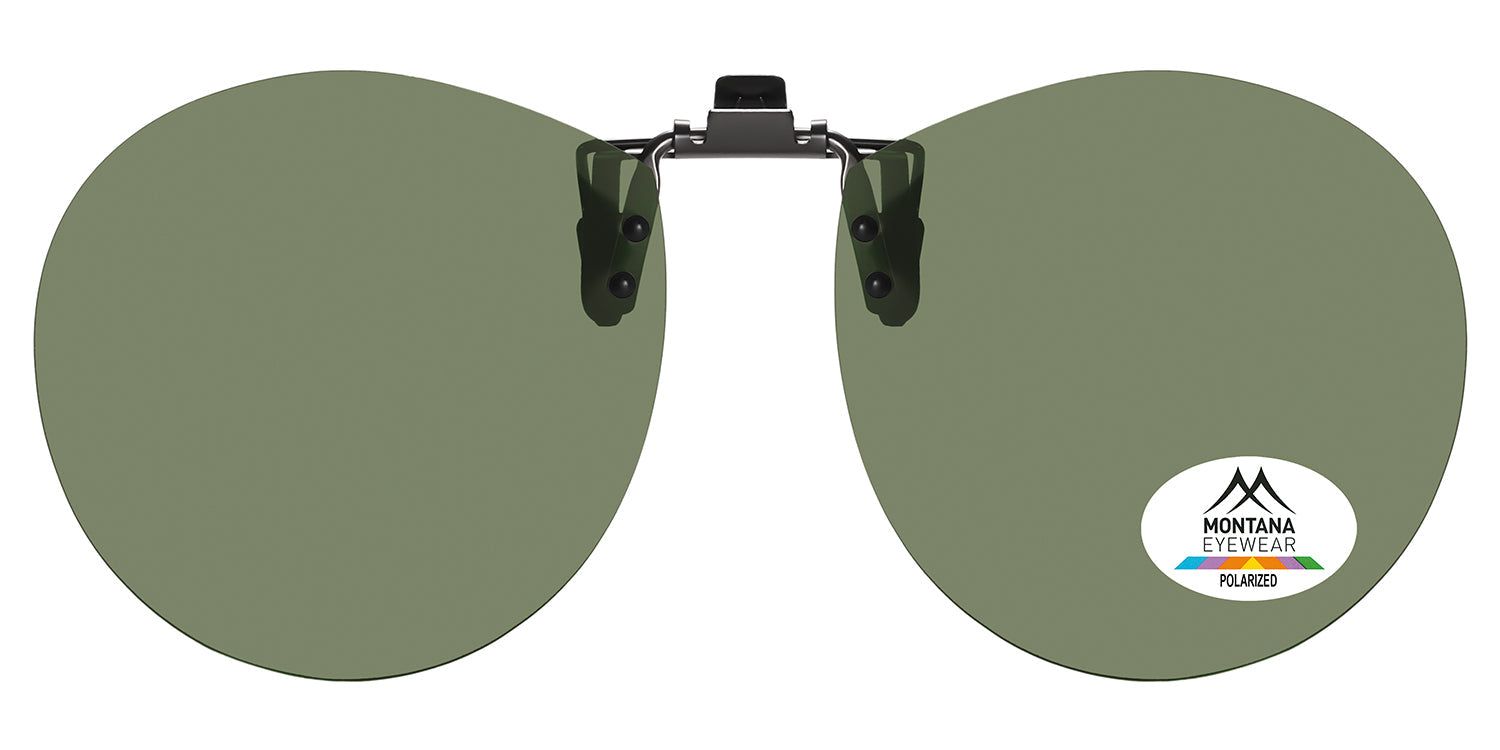Montana Eyewear Sopot clip-on zonnebril. Ronde groene glazen met clip-on mechanisme. Logo en Polarized sticker.