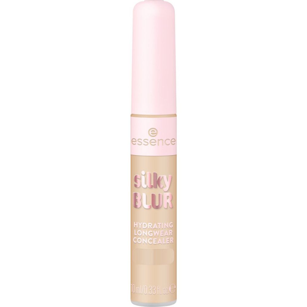 Beige concealer-tube met roze dop. Opschrift: Silky Blur, Hydrating Longwear Concealer. Merk: Essence.