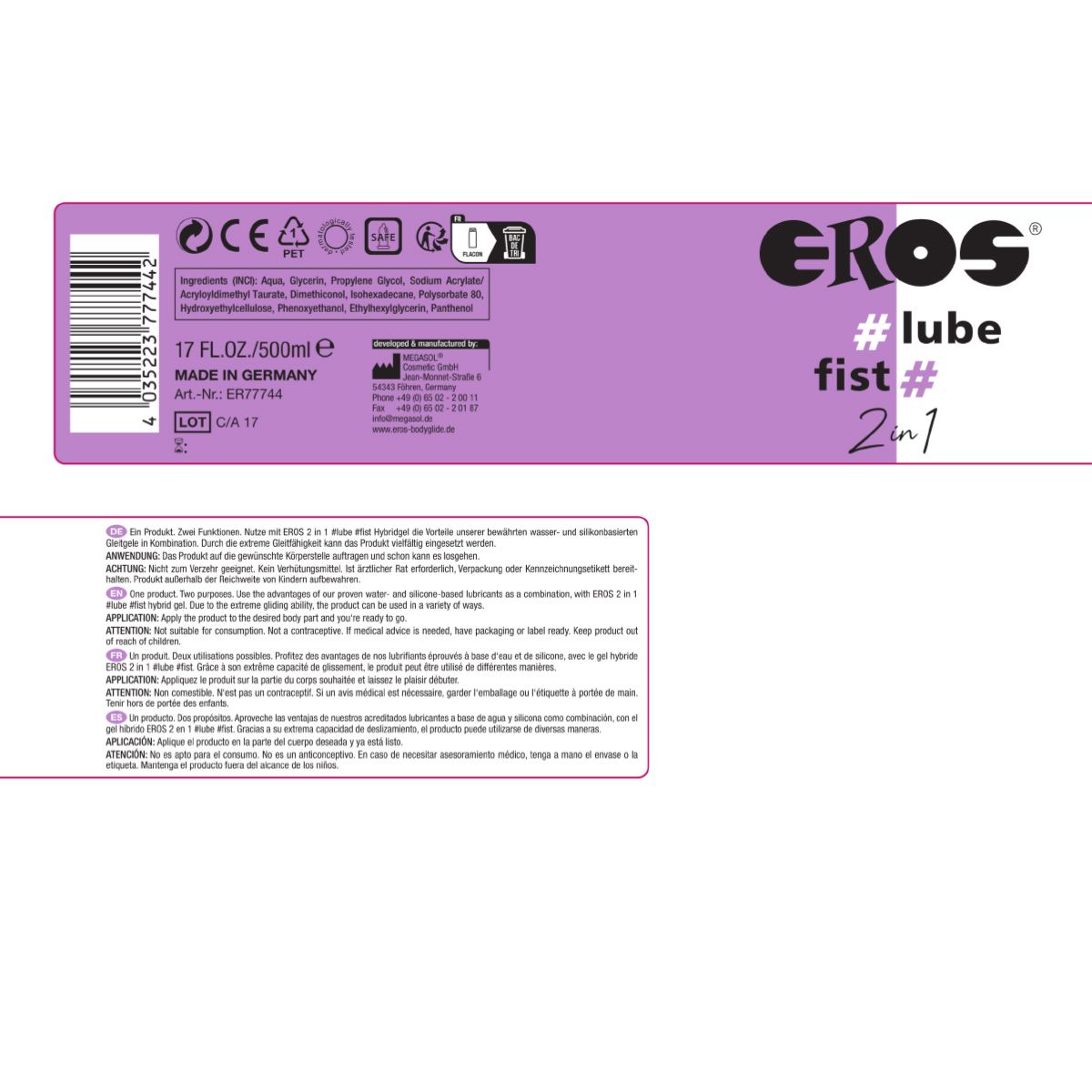 Dos de l'emballage. Texte avec ingrédients, mode d'emploi et avertissements. EROS, #lube, fist #, 2in1.