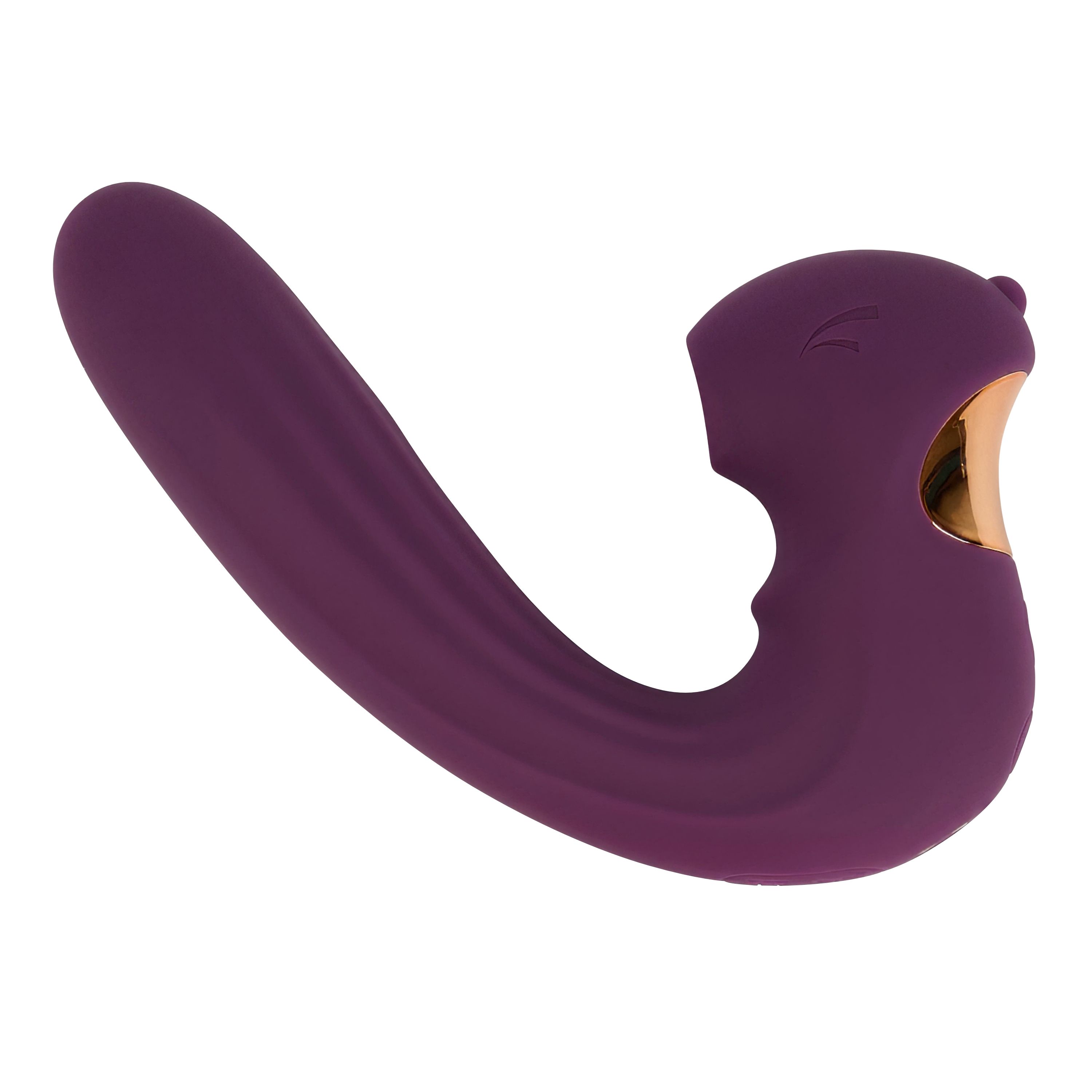 Paarse vibrator met gebogen vorm en geribbelde oppervlakte. Gouden accenten. Op witte achtergrond.