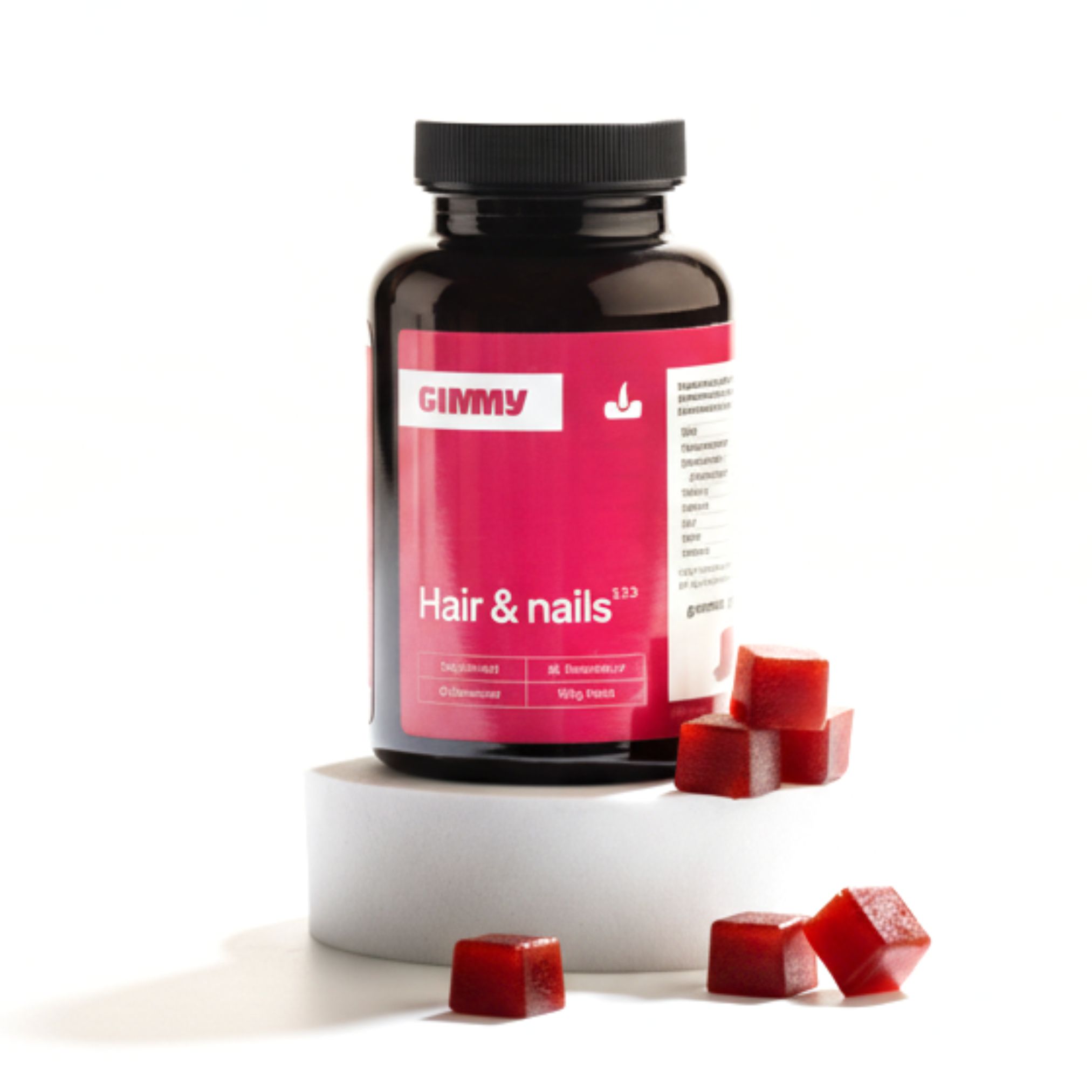 GIMMY Hair & nails Gummies. Bouteille avec gommes rouges sur un piédestal. Couvercle noir, étiquette rose, texte.
