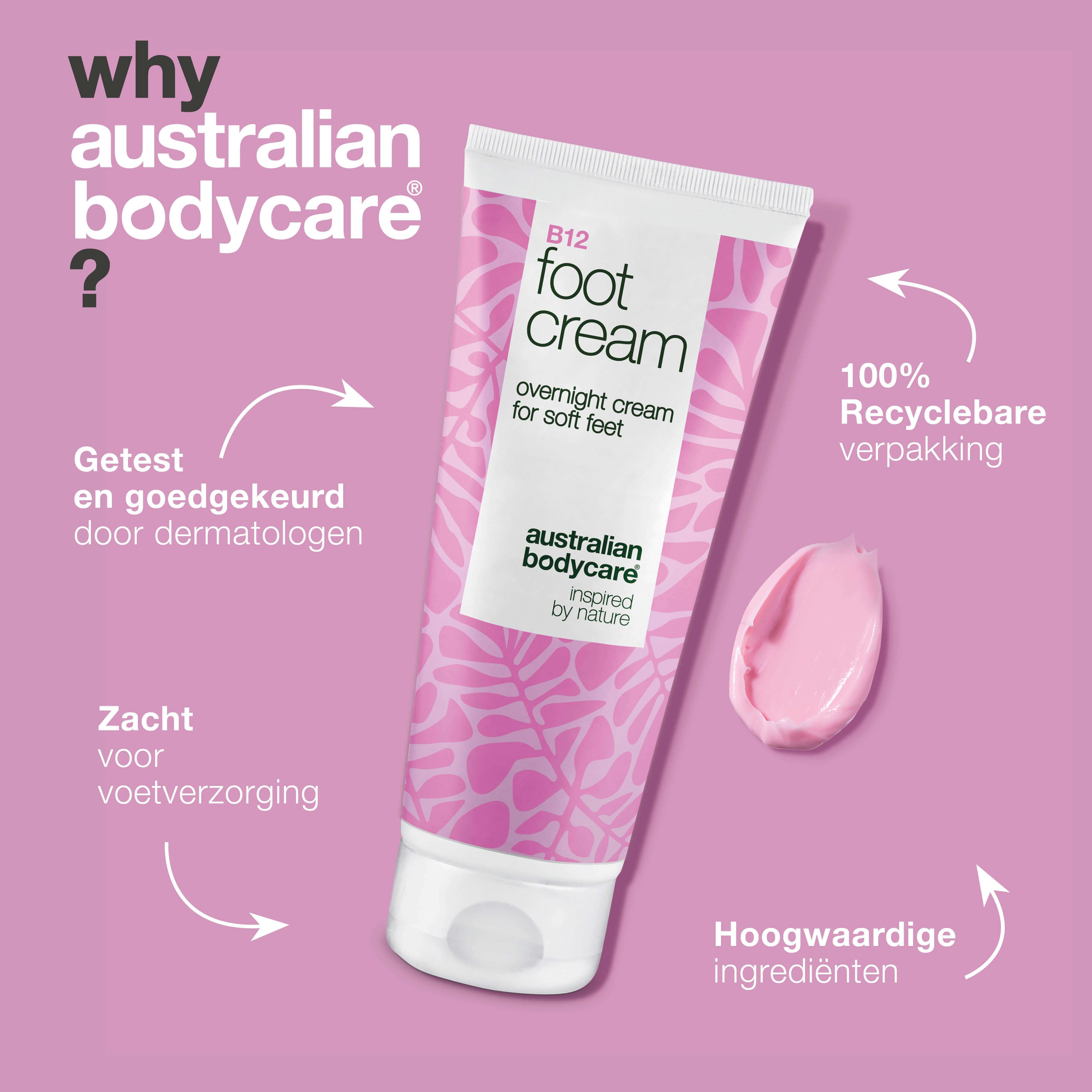 B12 Foot Cream. Roze tube. Tekst: overnight cream for soft feet, Australian Bodycare. Roze crèmevlek. Tekst: Waarom?