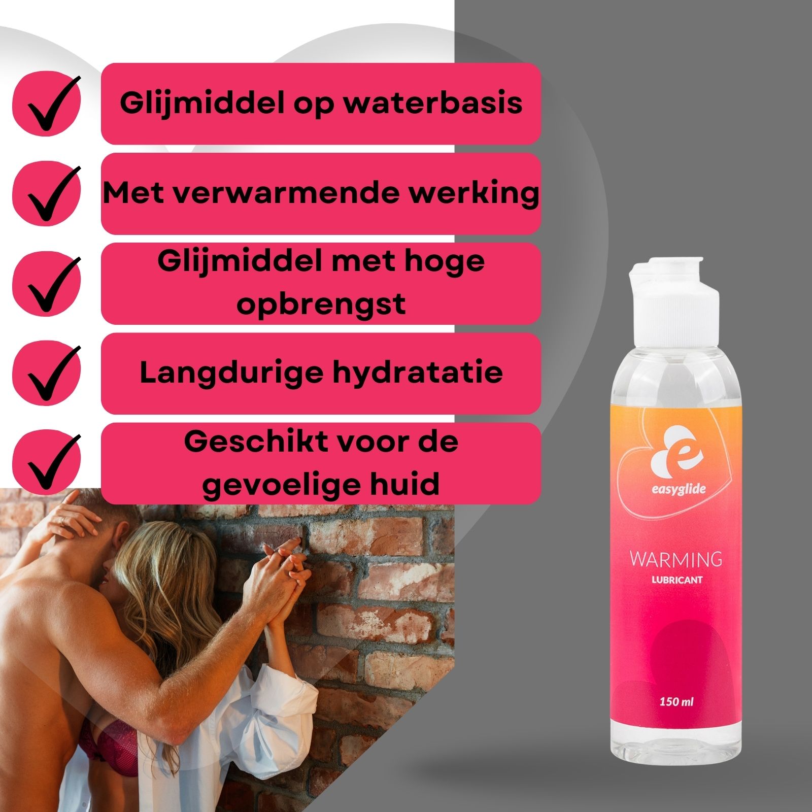 Flesje Easyglide. Opschrift: Warming Lubricant. 150 ml. Paar raakt aan.