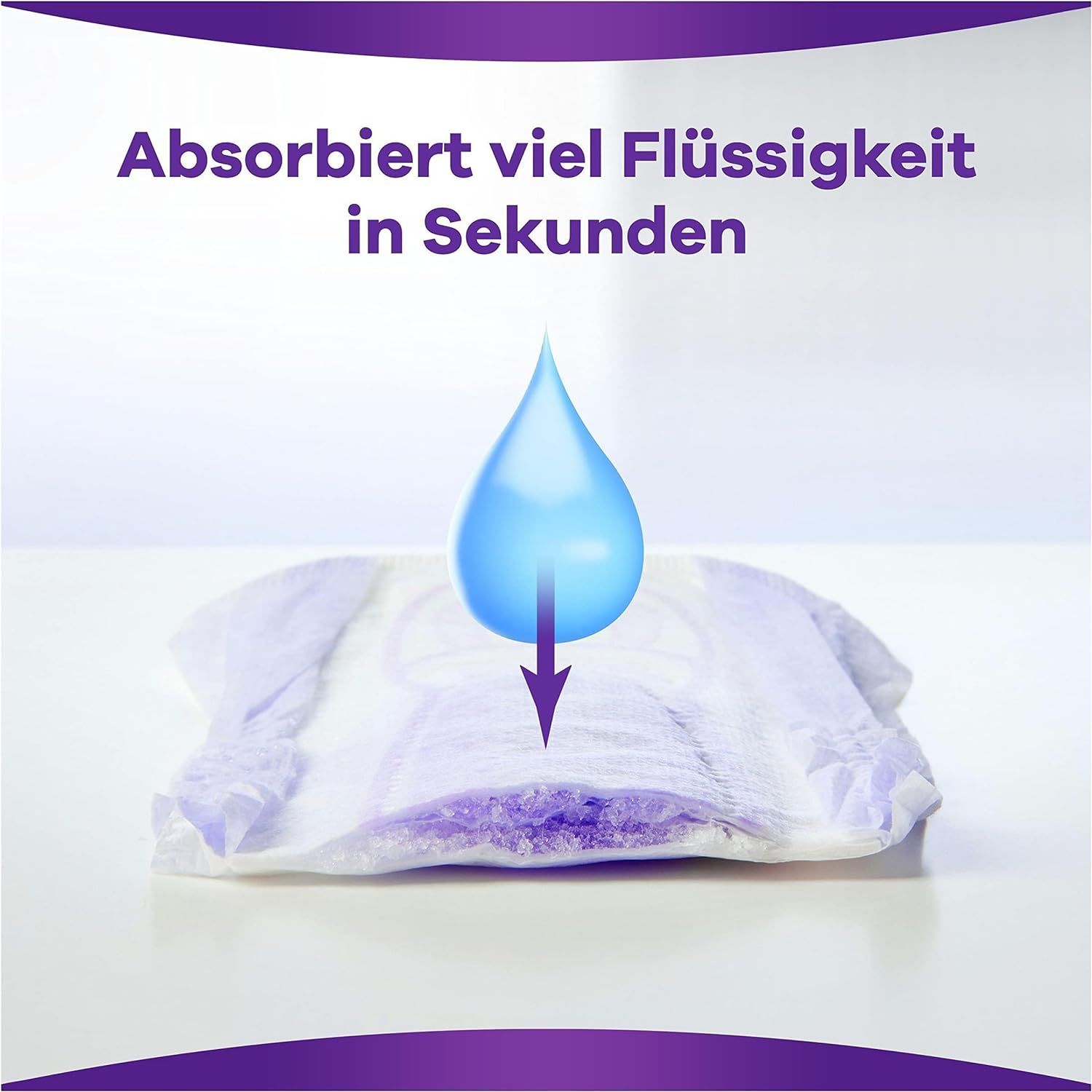 Protection contre l'incontinence avec goutte. Texte : Absorbe beaucoup de liquide en quelques secondes.
