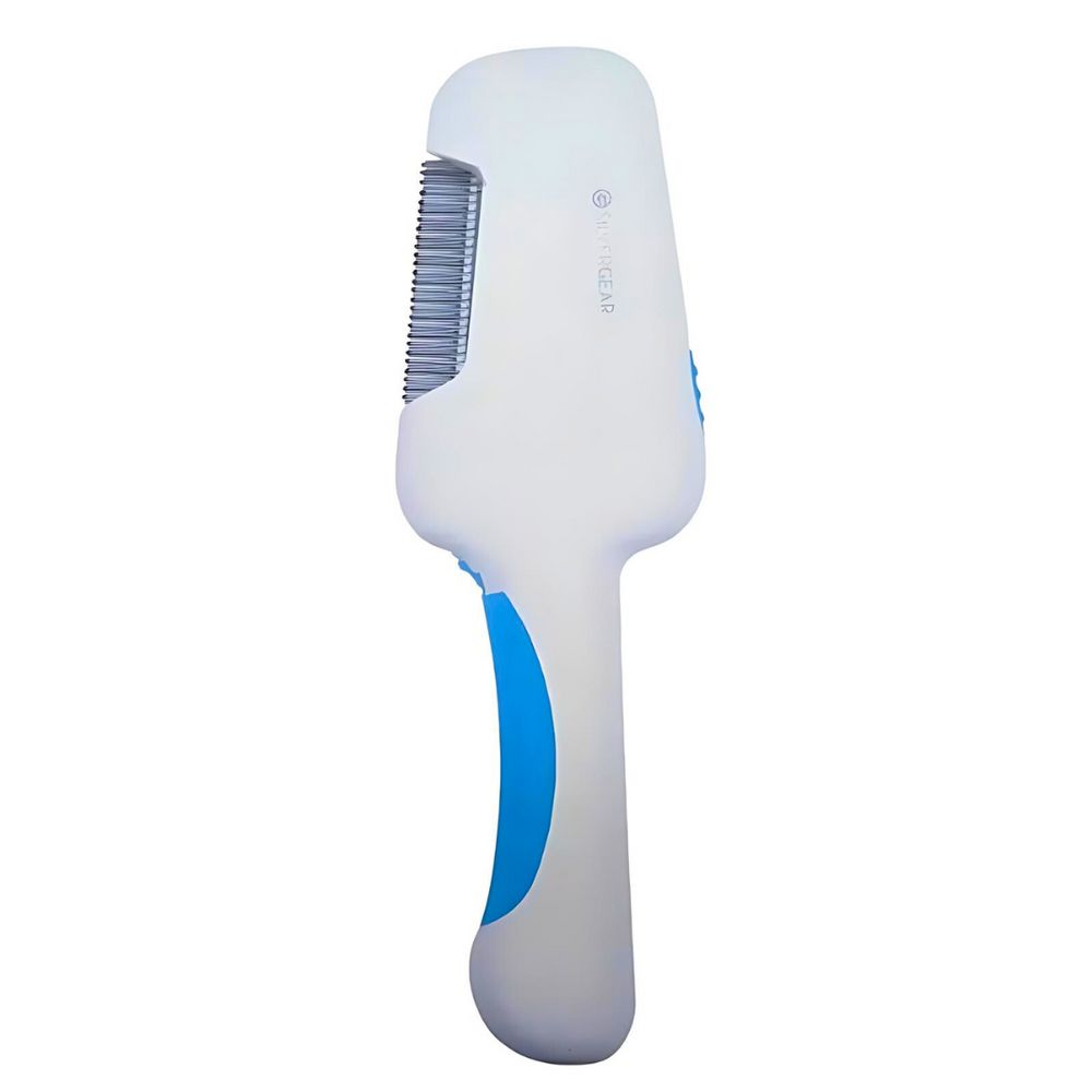 Peigne électrique anti-poux blanc et bleu avec dents fines et manche ergonomique.