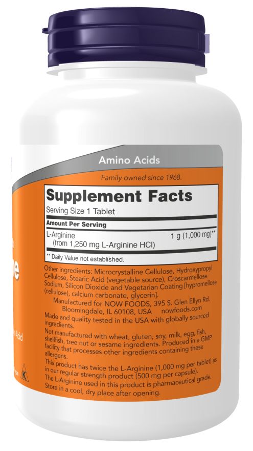 Dos de la bouteille. Inscription: Acides aminés, Supplement Facts. Liste des ingrédients, informations fabricant. Qualité pharmaceutique.