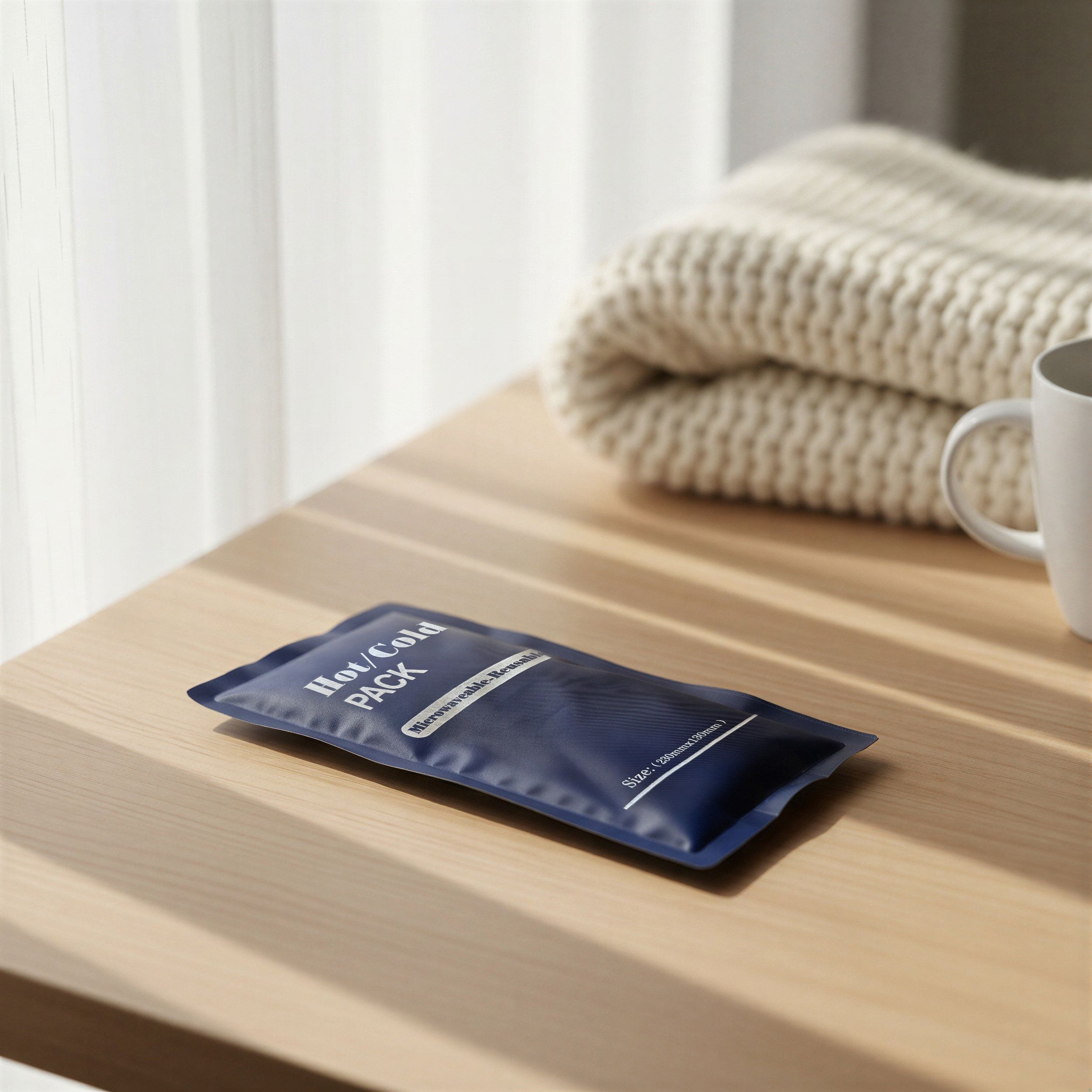 Blauw Hot/Cold Pack op houten tafel. Tekst "Hot/Cold Pack". Opschrift: Herbruikbaar. Achtergrond: deken, kopje.