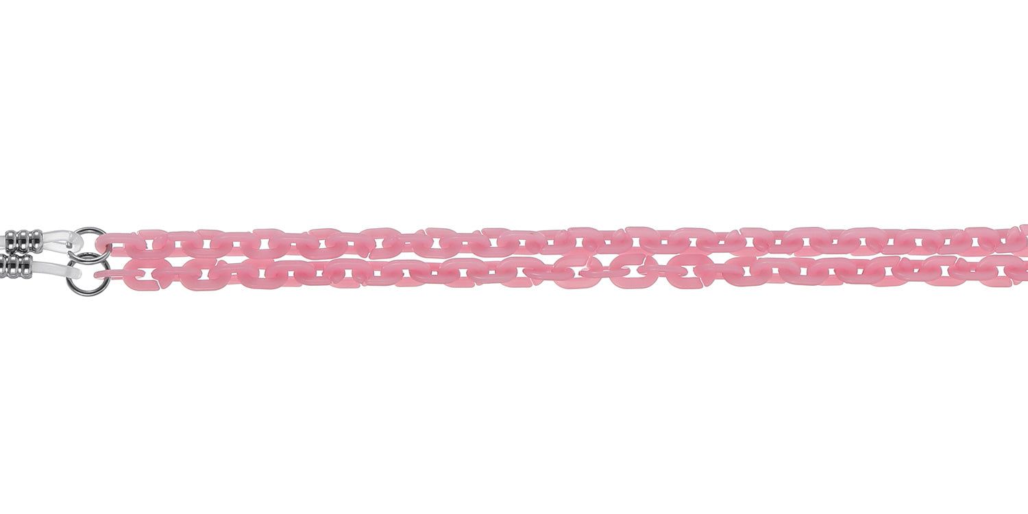 Cordon de lunettes rose. Design en chaîne. Extrémités métalliques pour attacher aux branches. Fond blanc.