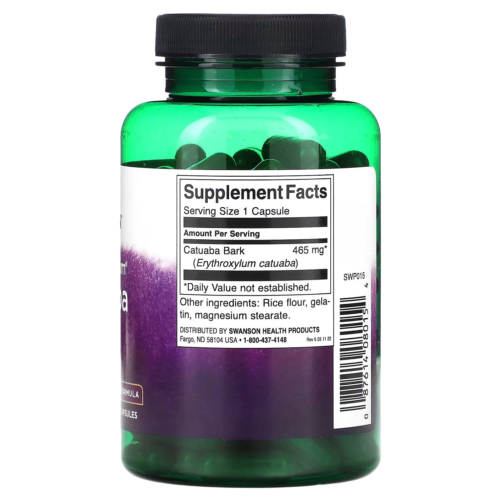 Flacon vert avec étiquette. Contient des informations sur Catuaba Bark, 465 mg par portion. Liste des ingrédients.