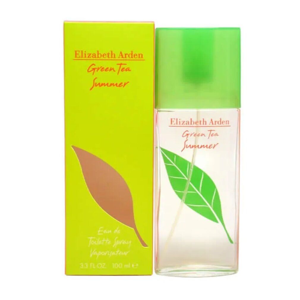 Flacon et boîte. Inscription: Elizabeth Arden Green Tea Summer. Design feuille verte sur flacon et boîte.