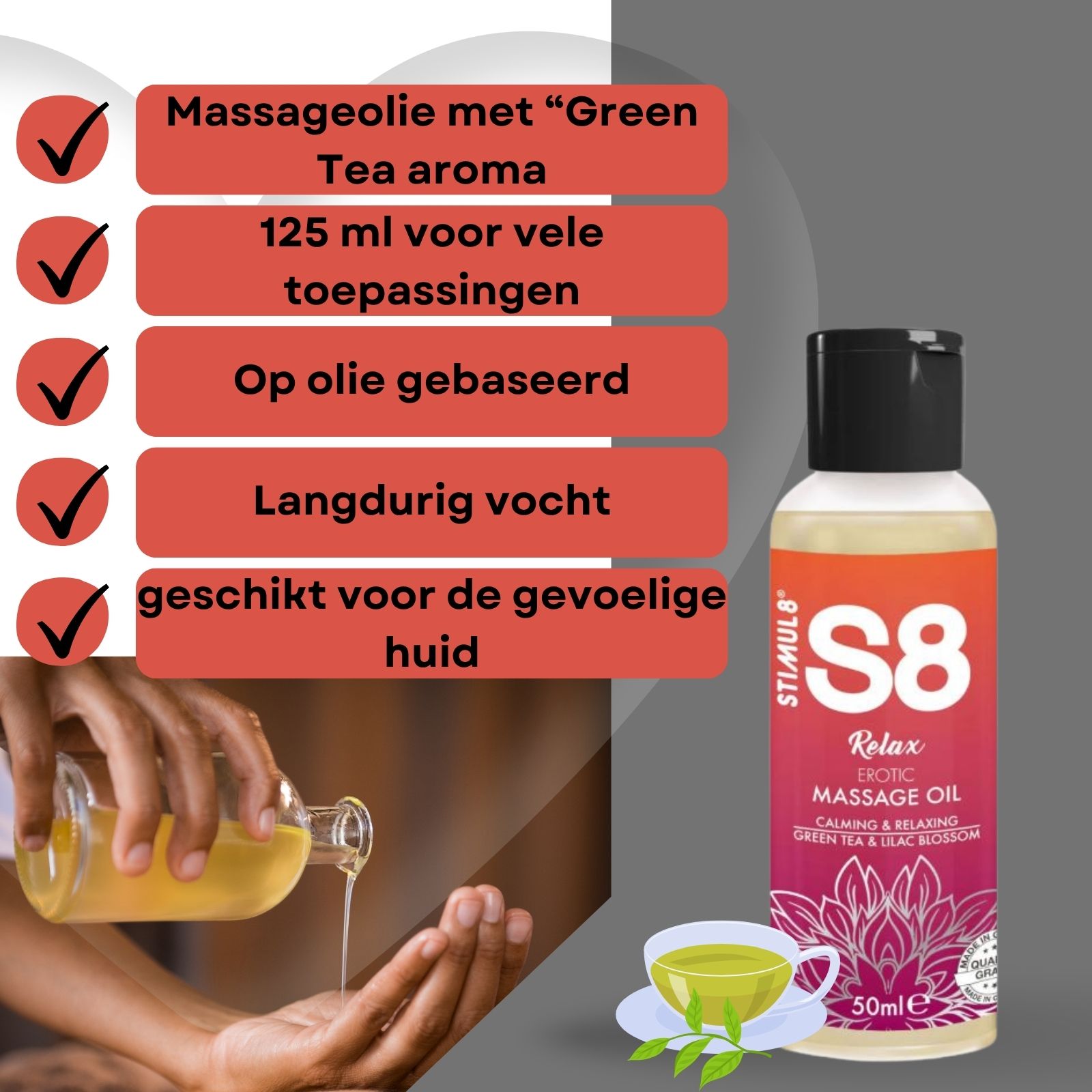 Fles massageolie S8 Relax. Olie wordt op hand gegoten. 125 ml. Groene thee aroma.