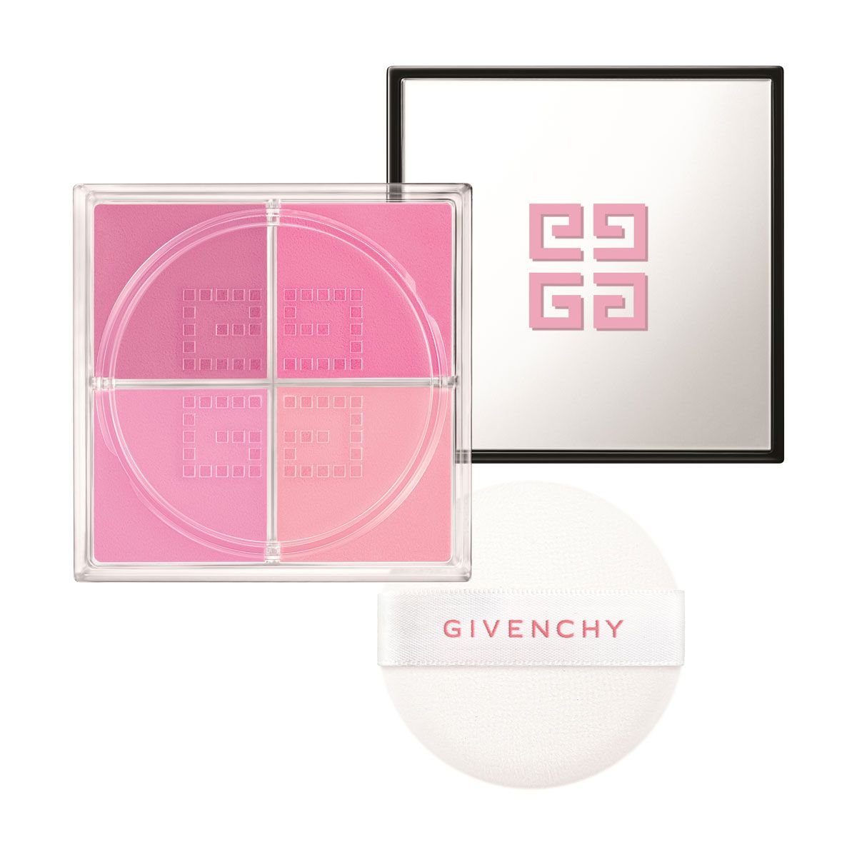 Blush Givenchy. Boîtier carré à quatre couleurs, miroir, houppette. Logo visible. Produit cosmétique.