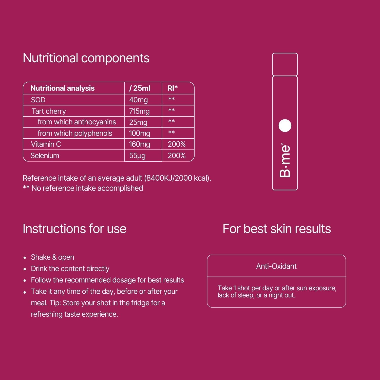 Voedingswaardetabel met vitamine C en selenium. Bevat informatie over ingrediënten en gebruiksaanwijzing. B.me® Anti-Oxidant.