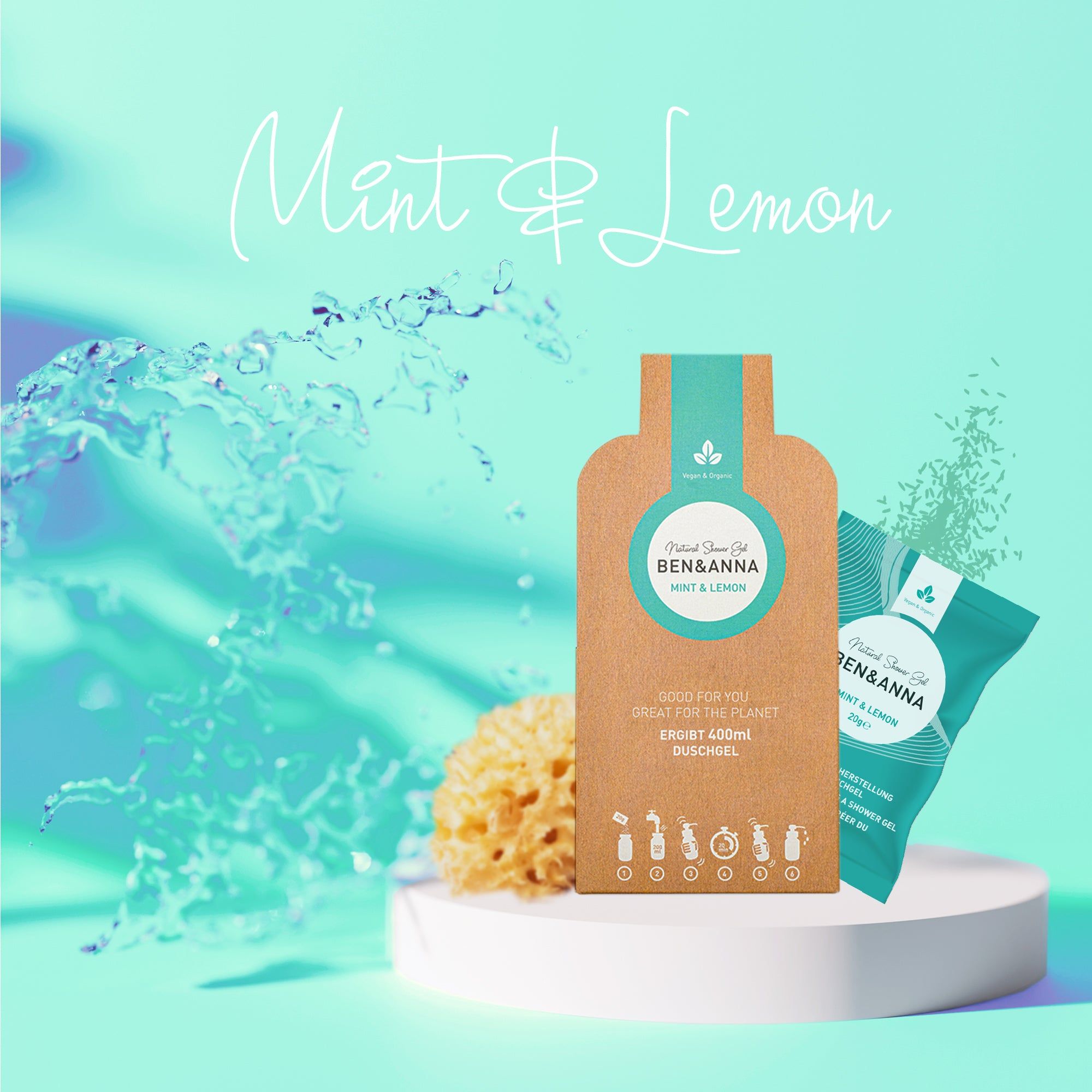Présentation produit avec emballage marron et sachet turquoise. Inscription : Ben & Anna, Mint & Lemon, gel douche. Sur socle blanc.