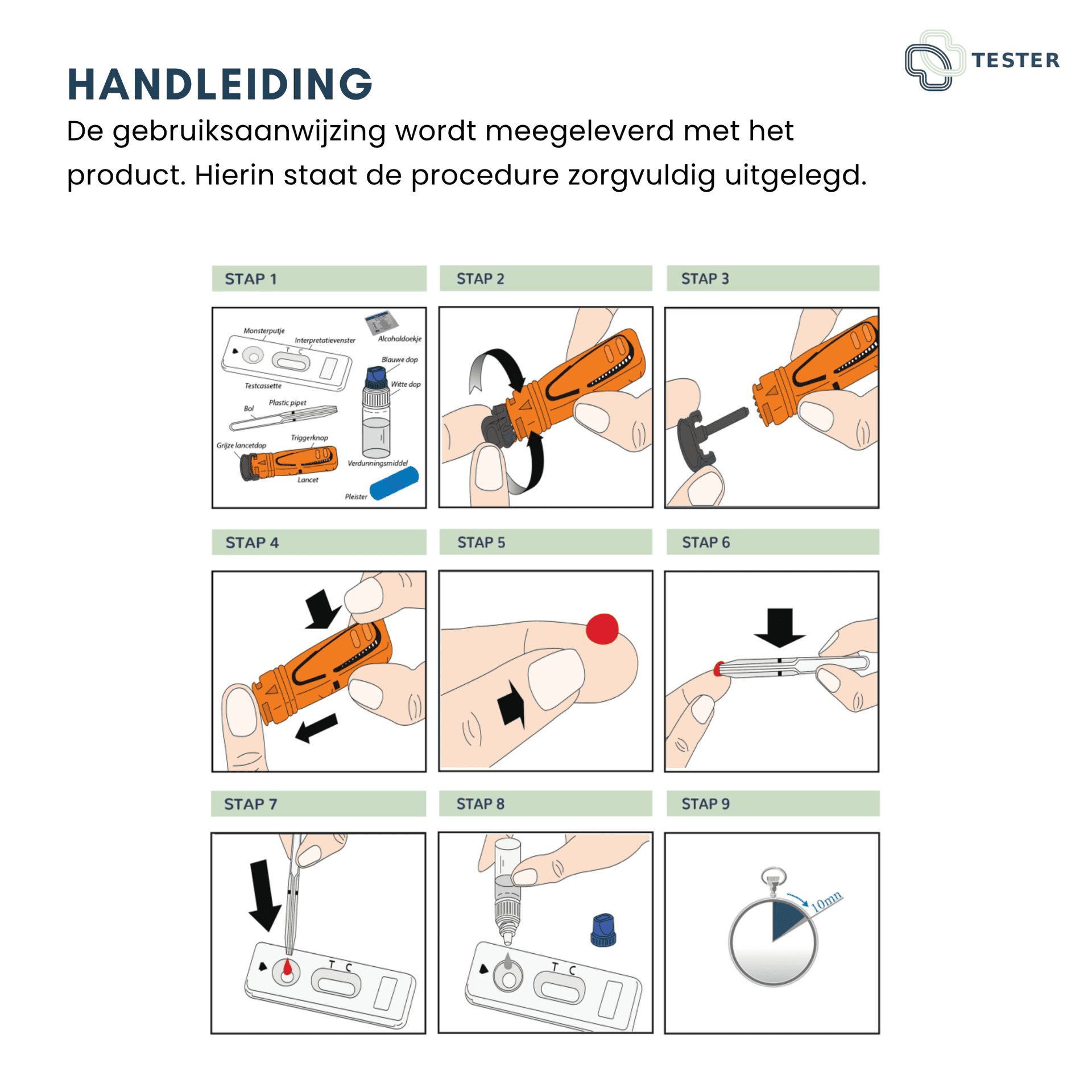 Stapsgewijze instructies voor een ijzertekort zelftest, met negen illustraties.