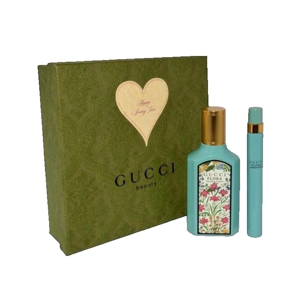 Gucci Flora Gorgeous Jasmine Parfum pour femme. Turquoise fles, gouden dop, geschenkverpakking en verstuiver.