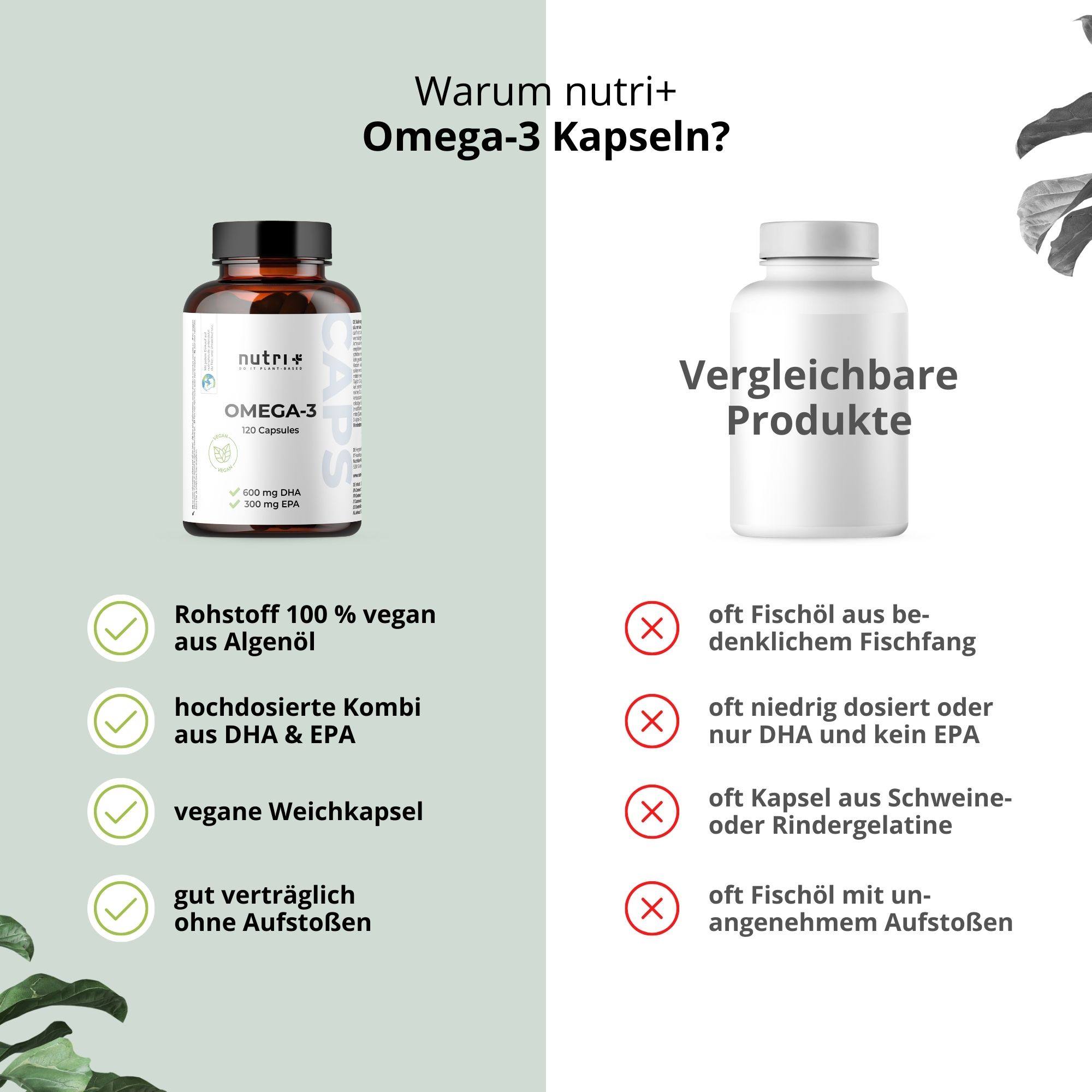 Comparaison des gélules nutri+ Omega-3 avec un autre produit. À gauche : flacon avec étiquette nutri+. À droite : flacon blanc avec croix rouges.