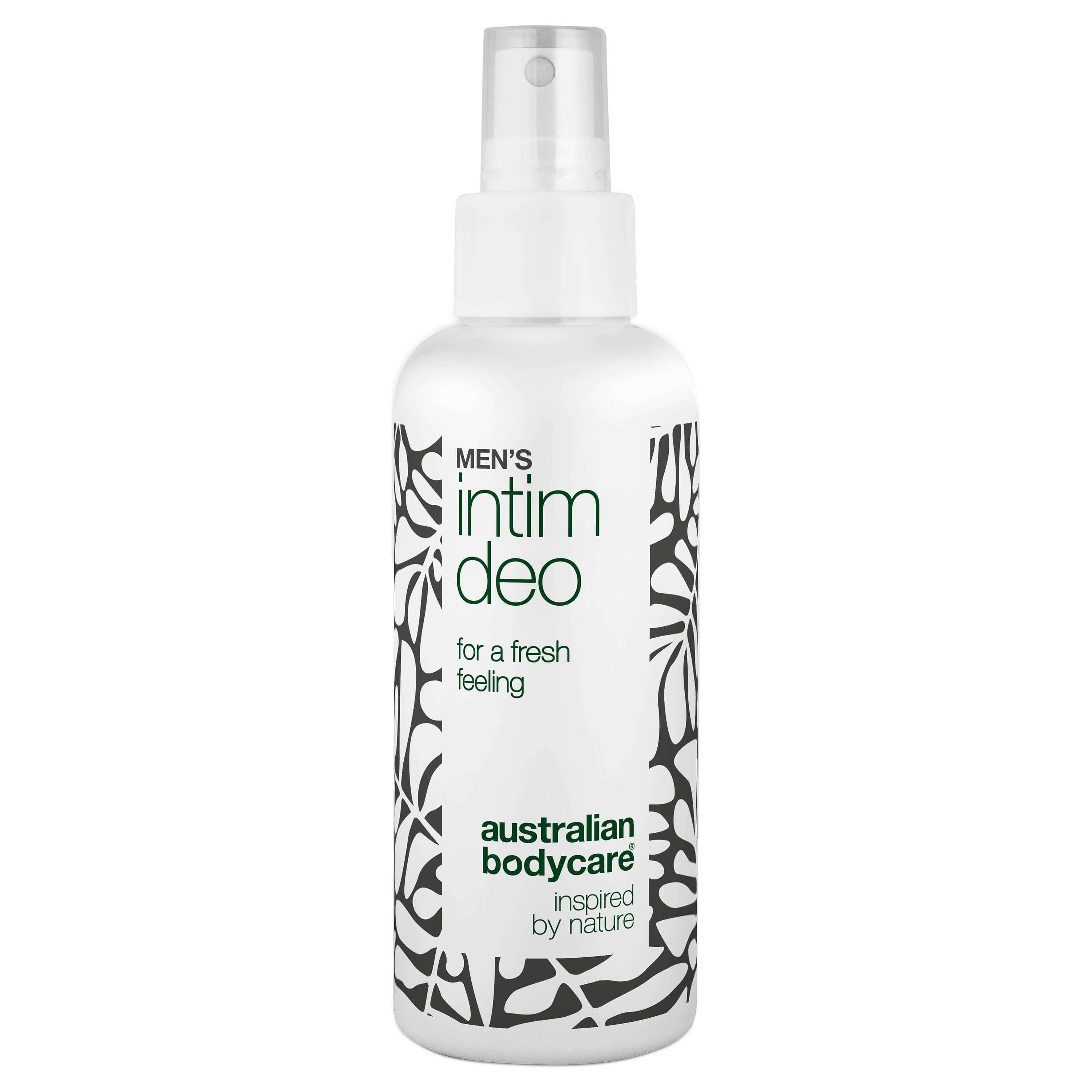 Spray déodorant intime blanc pour hommes. Motif noir. Inscription : Men's Intim Deo, for a fresh feeling, Australian Bodycare.