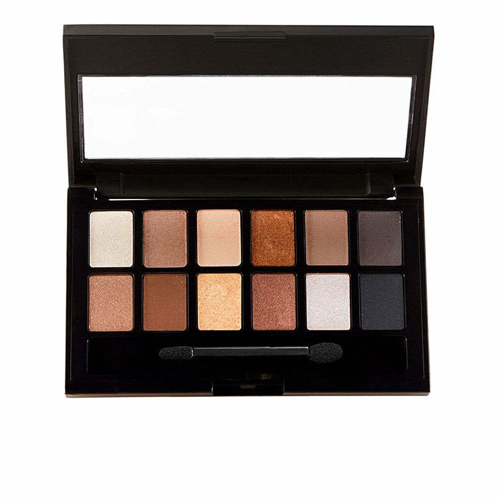 Palette de fards à paupières ouverte avec 12 teintes. Emballage noir avec miroir et applicateur. Inscription : THE NUDES MAYBELLINE New York.