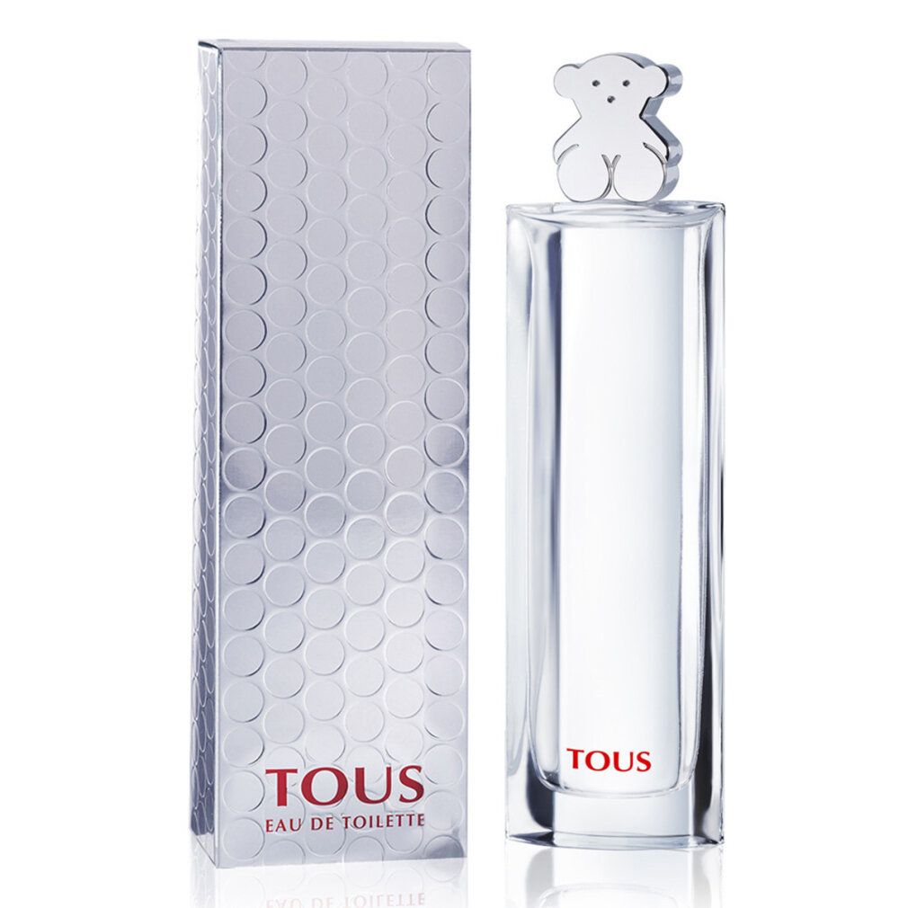 Flacon de parfum et boîte. Flacon avec bouchon ours argenté. Inscription : Tous Eau de Toilette. Boîte argentée à motif de points.