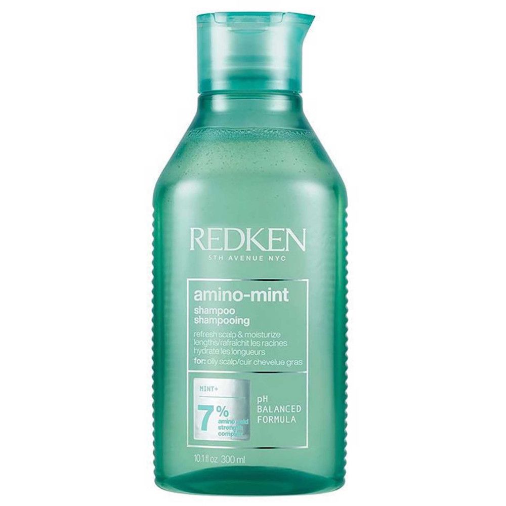 Groene Redken Amino Mint shampoo fles. Tekst: pH-gebalanceerd, 300 ml. Voor vette hoofdhuid en droog haar.