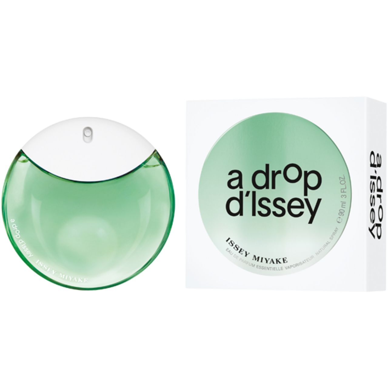 Fles en verpakking. Fles rond, groen, witte dop. Verpakking rond, wit, opschrift: a drop d'Issey, ISSEY MIYAKE.