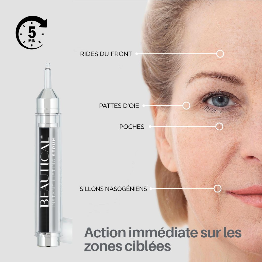 BEAUTICAL Instant Lifting Serum. Visage avec rides. Produit à côté du visage.