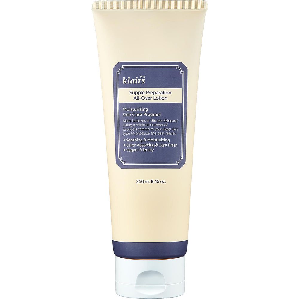 Tube beige avec étiquette bleue. Inscription : klairs, Supple Preparation All-Over Lotion. 250ml.