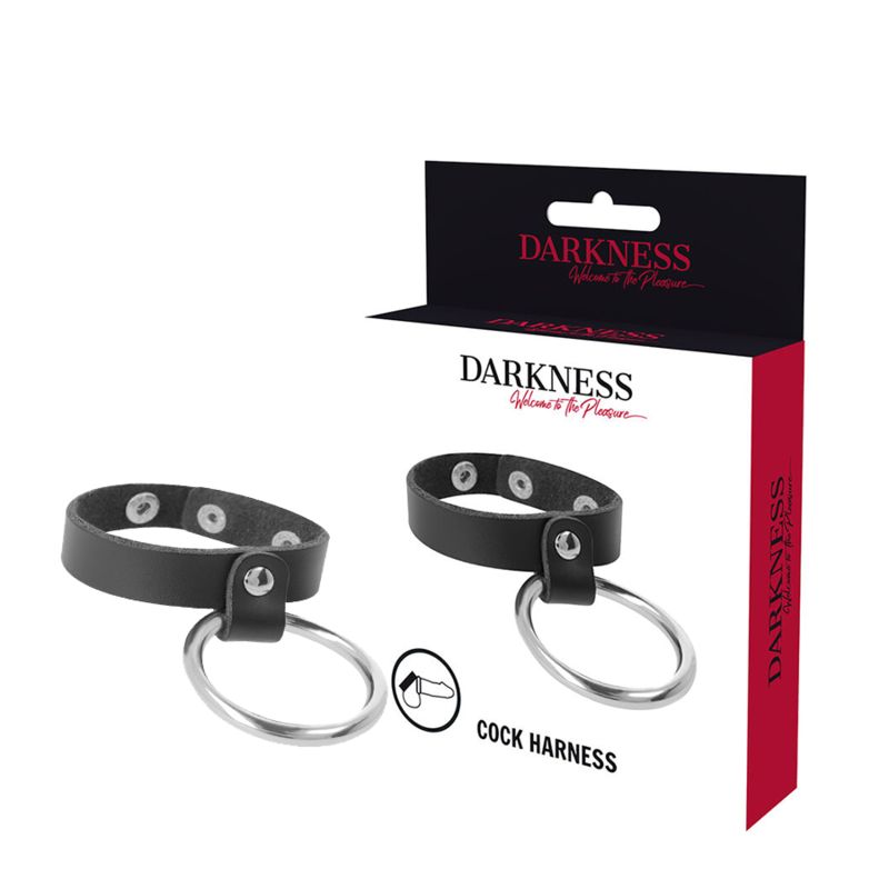 Twee zwarte leren banden met metalen ringen, verpakt in een productdoos.