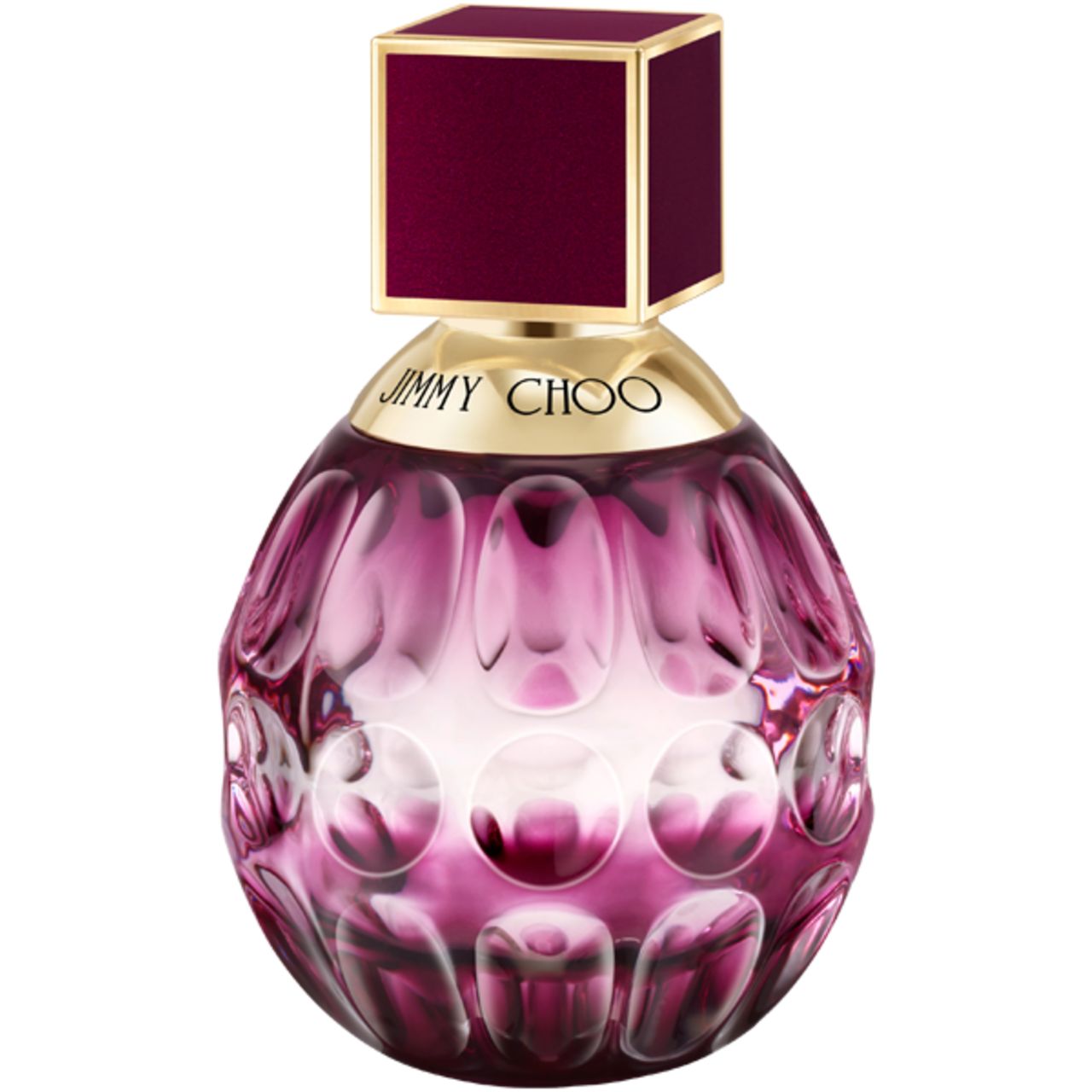 Flacon Jimmy Choo Fever Eau de Parfum avec un collier doré et un bouchon cube bordeaux.