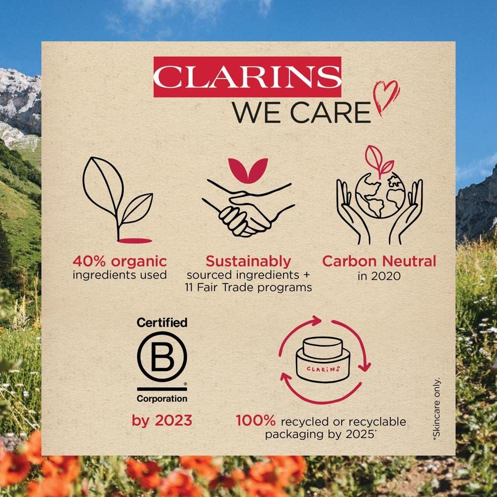 Infographie avec texte et logos. Marque : CLARINS. Texte : 40% d'ingrédients biologiques, neutre en carbone en 2020, emballage 100% recyclable.