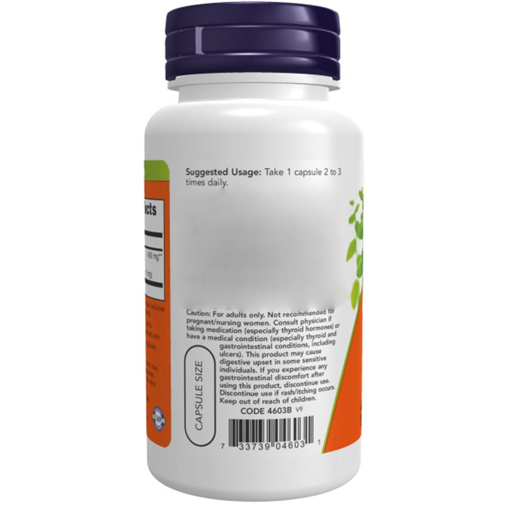 Achterkant fles. Etiket met 'Suggested Usage: Take 1 capsule 2 to 3 times daily'. Waarschuwingen en code.