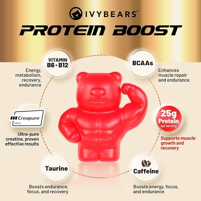Présentation circulaire avec un ourson en gélatine rouge au centre. Texte : Protein Boost, BCAA's, Vitamine B6+B12, Taurine, Caféine.